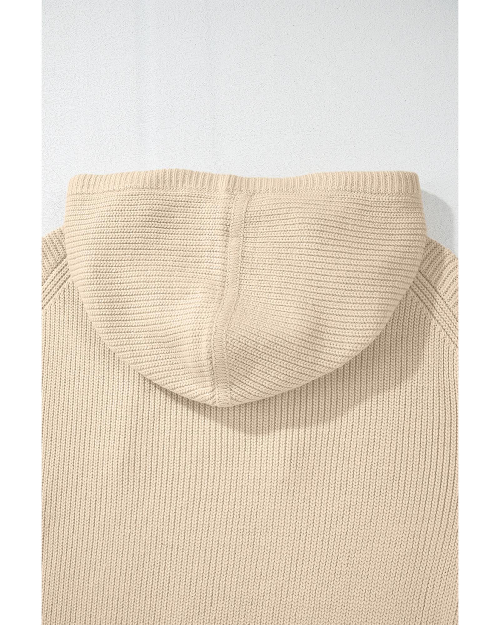 Beige Solid Color Drawstring Hooded Drop Shoulder Pullover Sweater - M