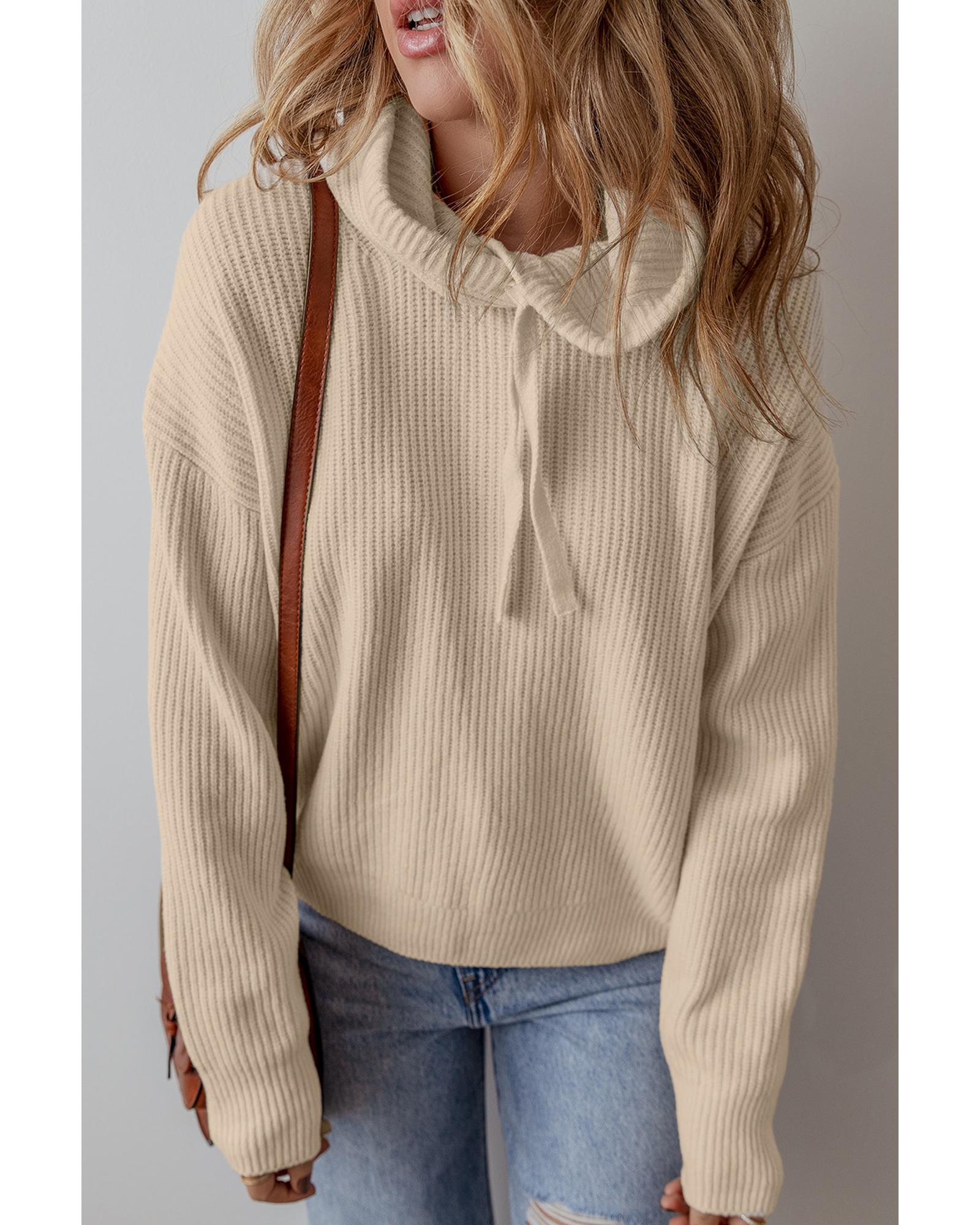 Beige Solid Color Drawstring Hooded Drop Shoulder Pullover Sweater - M