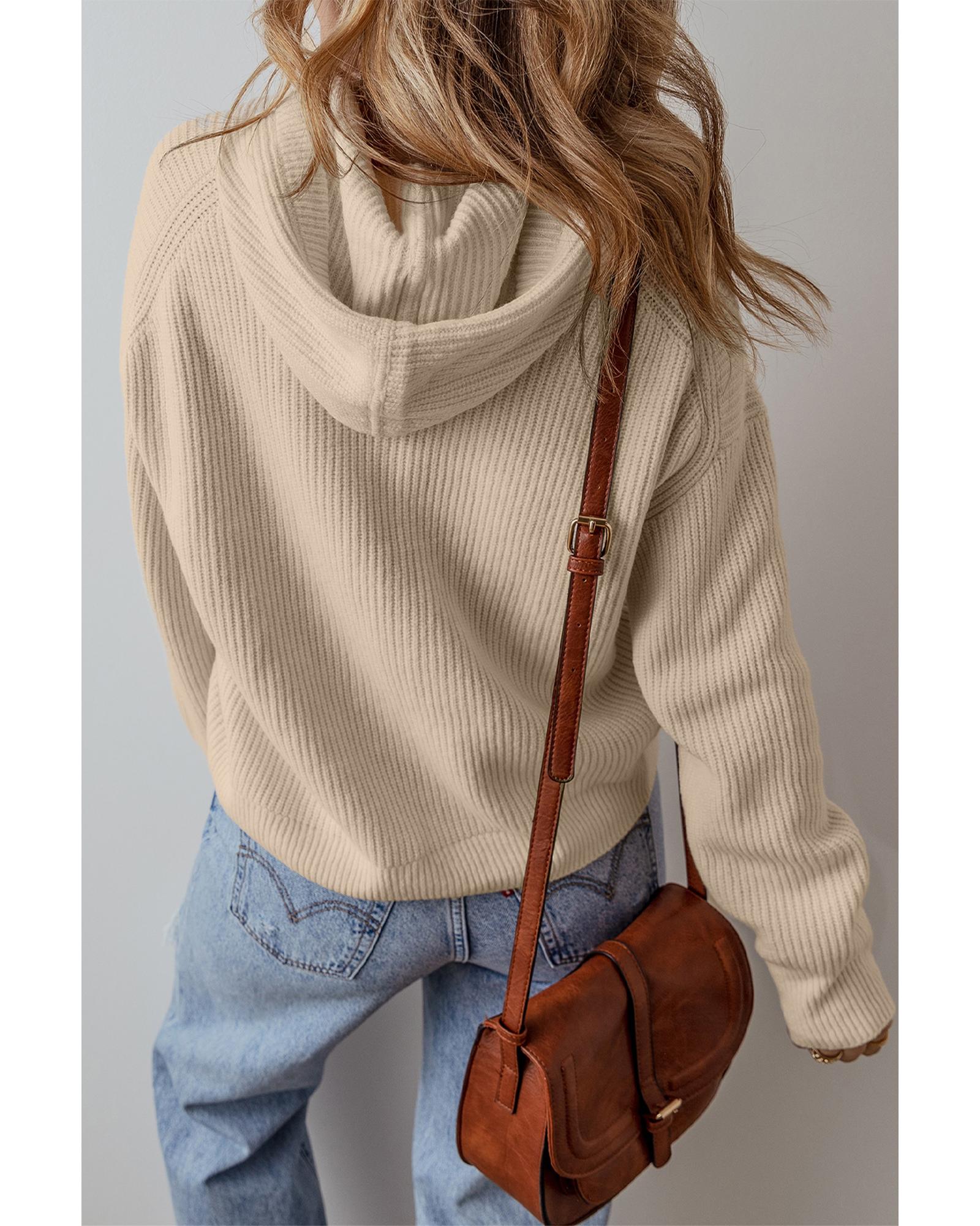 Beige Solid Color Drawstring Hooded Drop Shoulder Pullover Sweater - XL