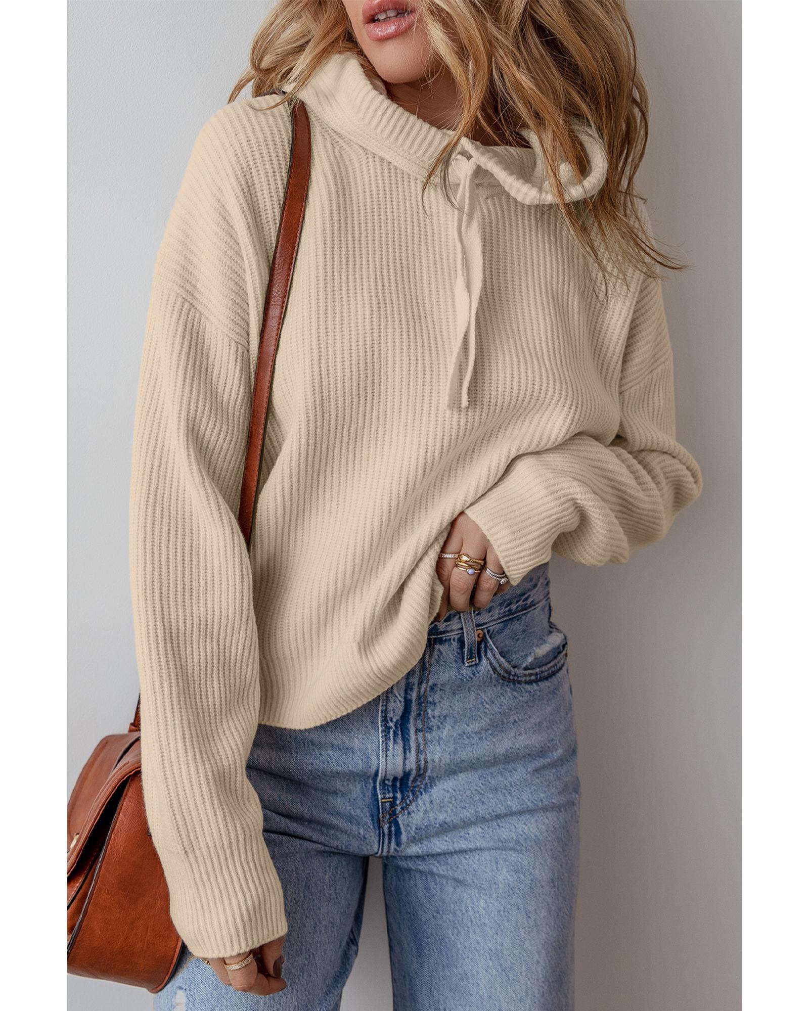 Beige Solid Color Drawstring Hooded Drop Shoulder Pullover Sweater - XL