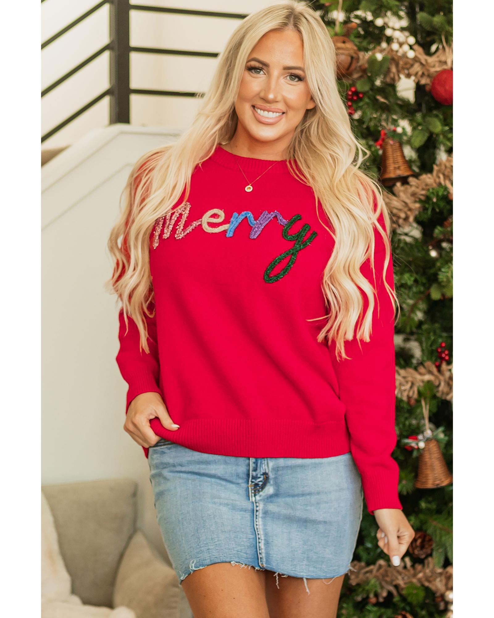Fiery Red Tinsel Merry Letter Drop Shoulder Baggy Sweater - XL