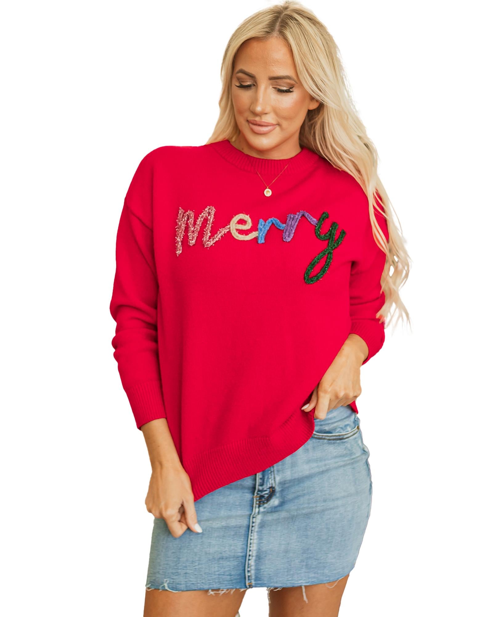 Fiery Red Tinsel Merry Letter Drop Shoulder Baggy Sweater - XL
