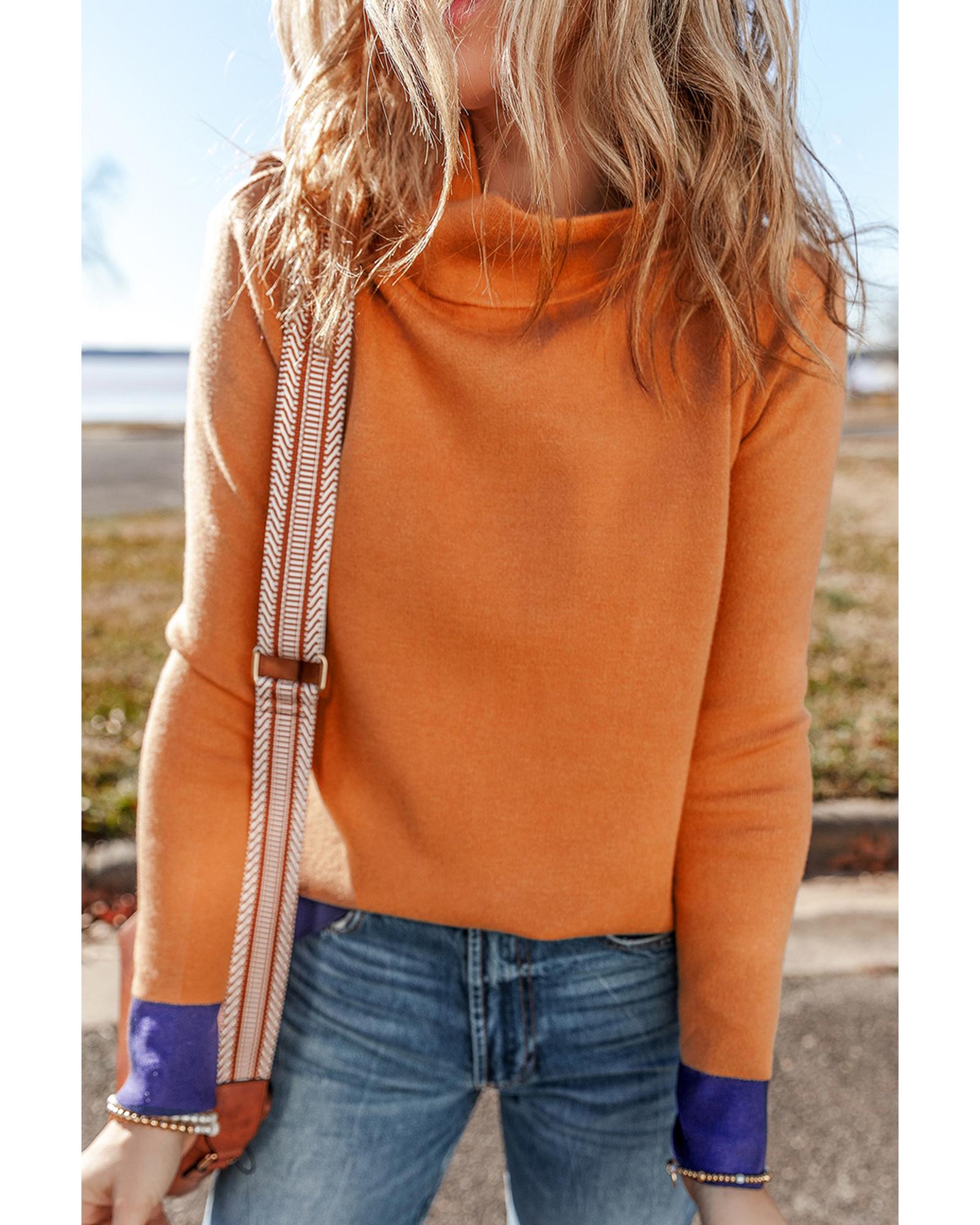 Straw Yellow Color Contrast Edge Mock Neck Slim Fit Sweater - S