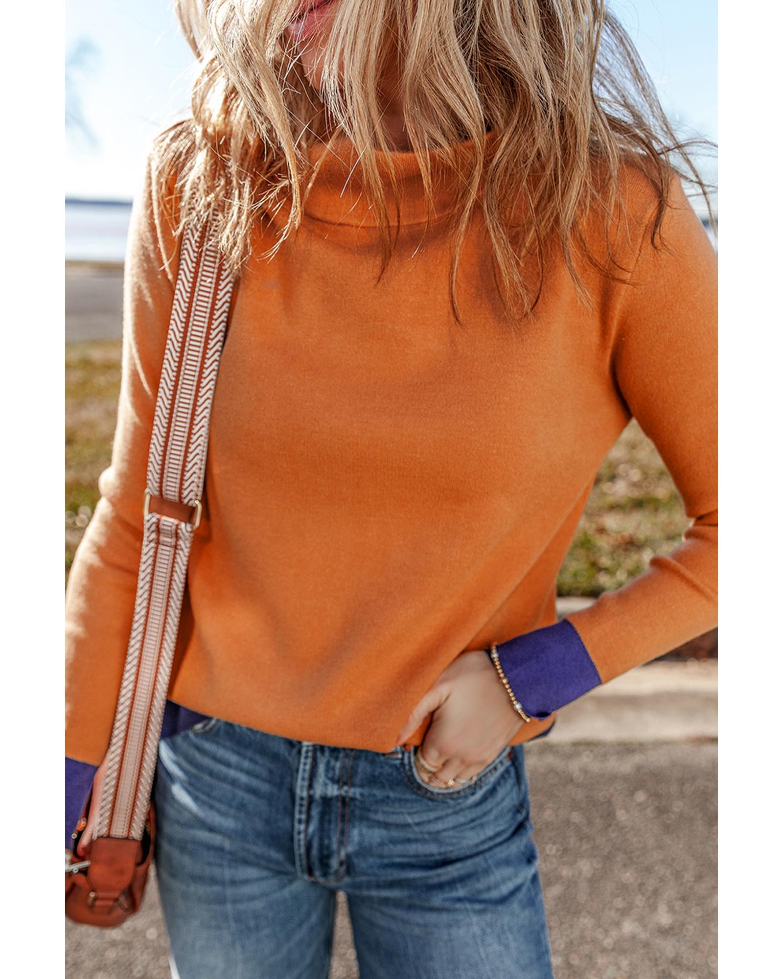 Straw Yellow Color Contrast Edge Mock Neck Slim Fit Sweater - S