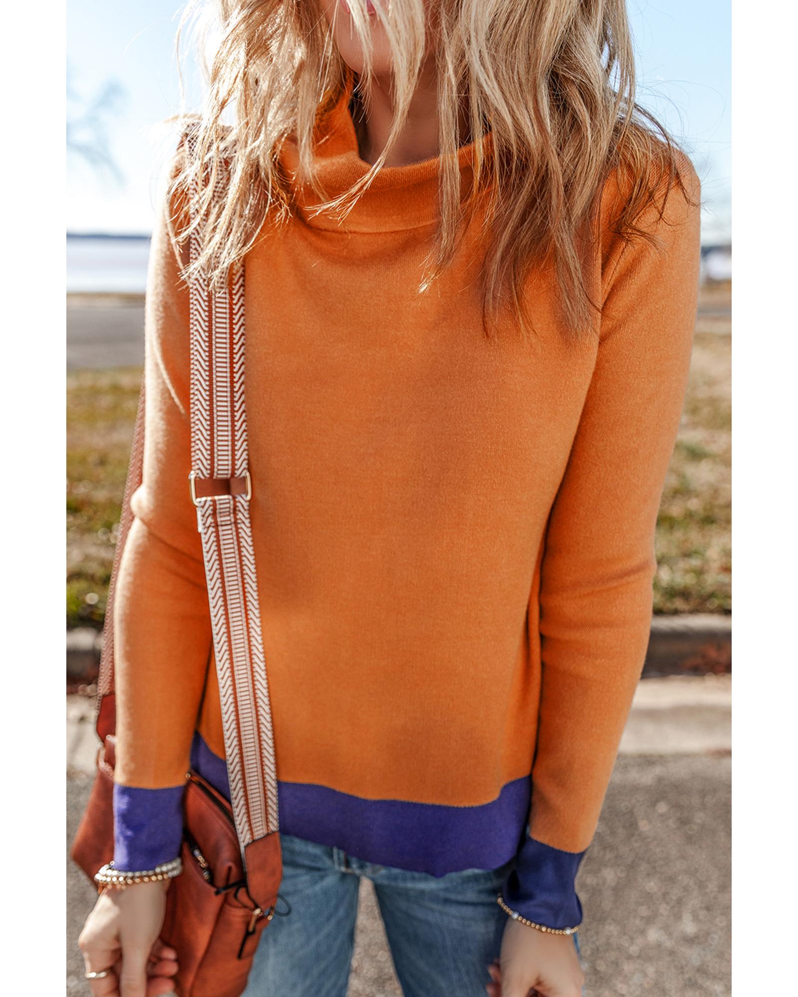 Straw Yellow Color Contrast Edge Mock Neck Slim Fit Sweater - S