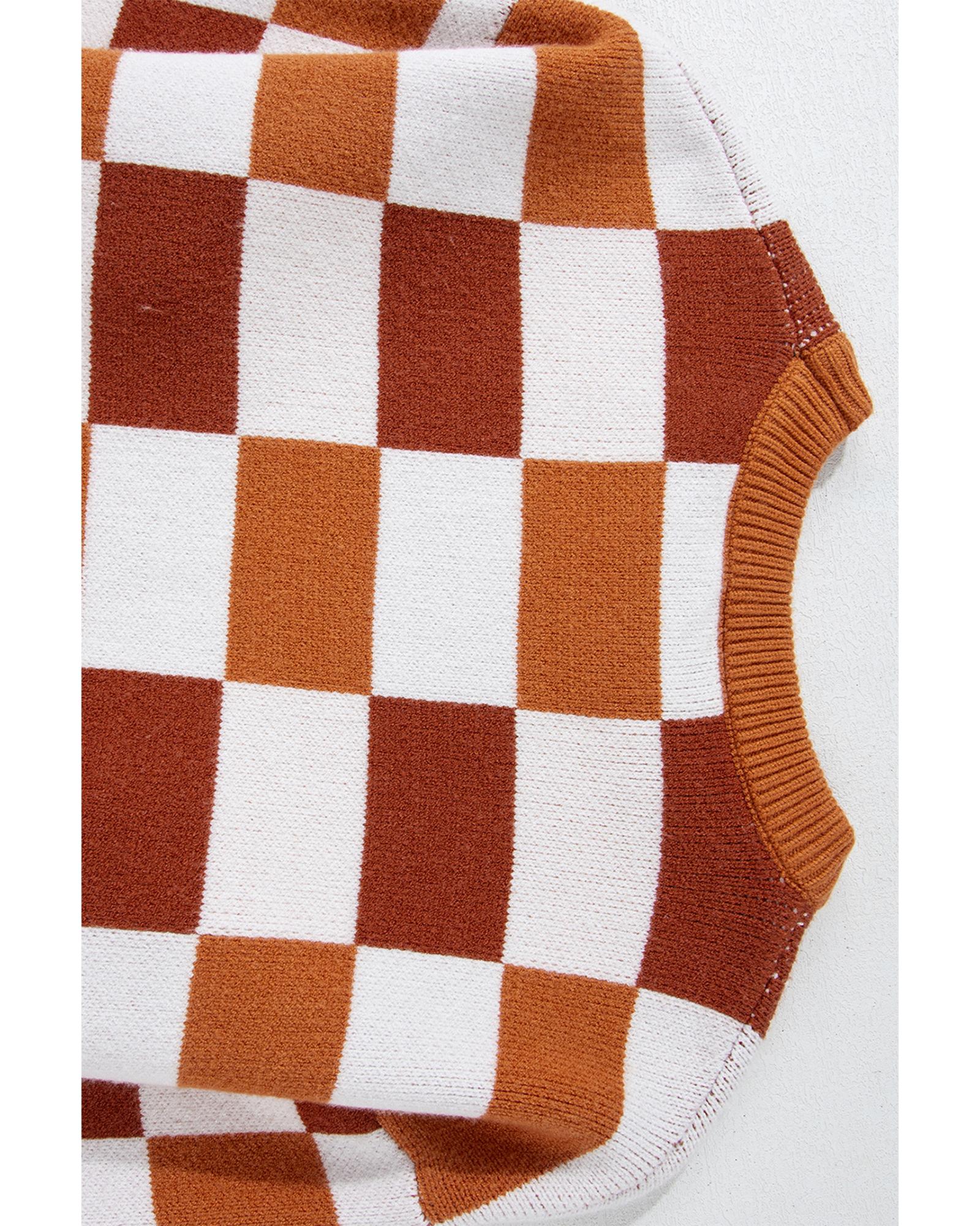 Orange Checkered Ribbed Edge O Neck Drop Shoulder Sweater - S