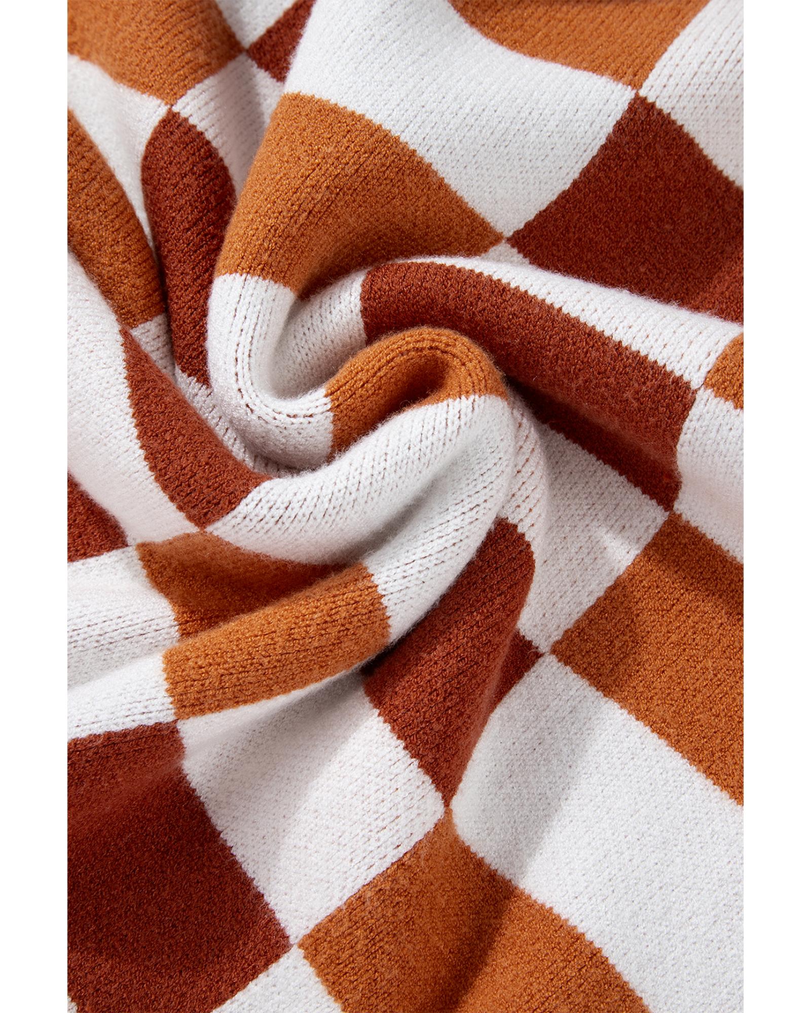 Orange Checkered Ribbed Edge O Neck Drop Shoulder Sweater - S