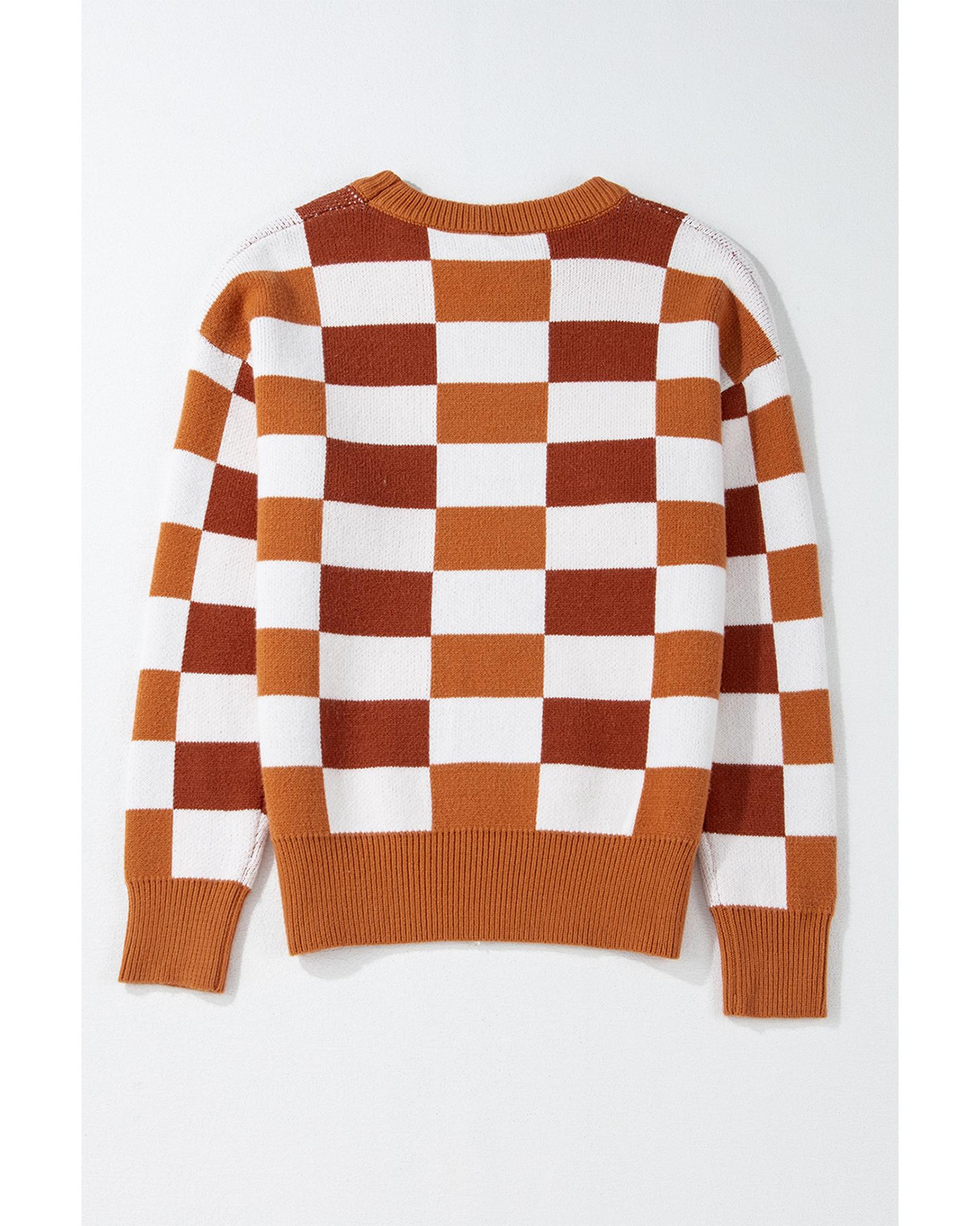 Orange Checkered Ribbed Edge O Neck Drop Shoulder Sweater - S