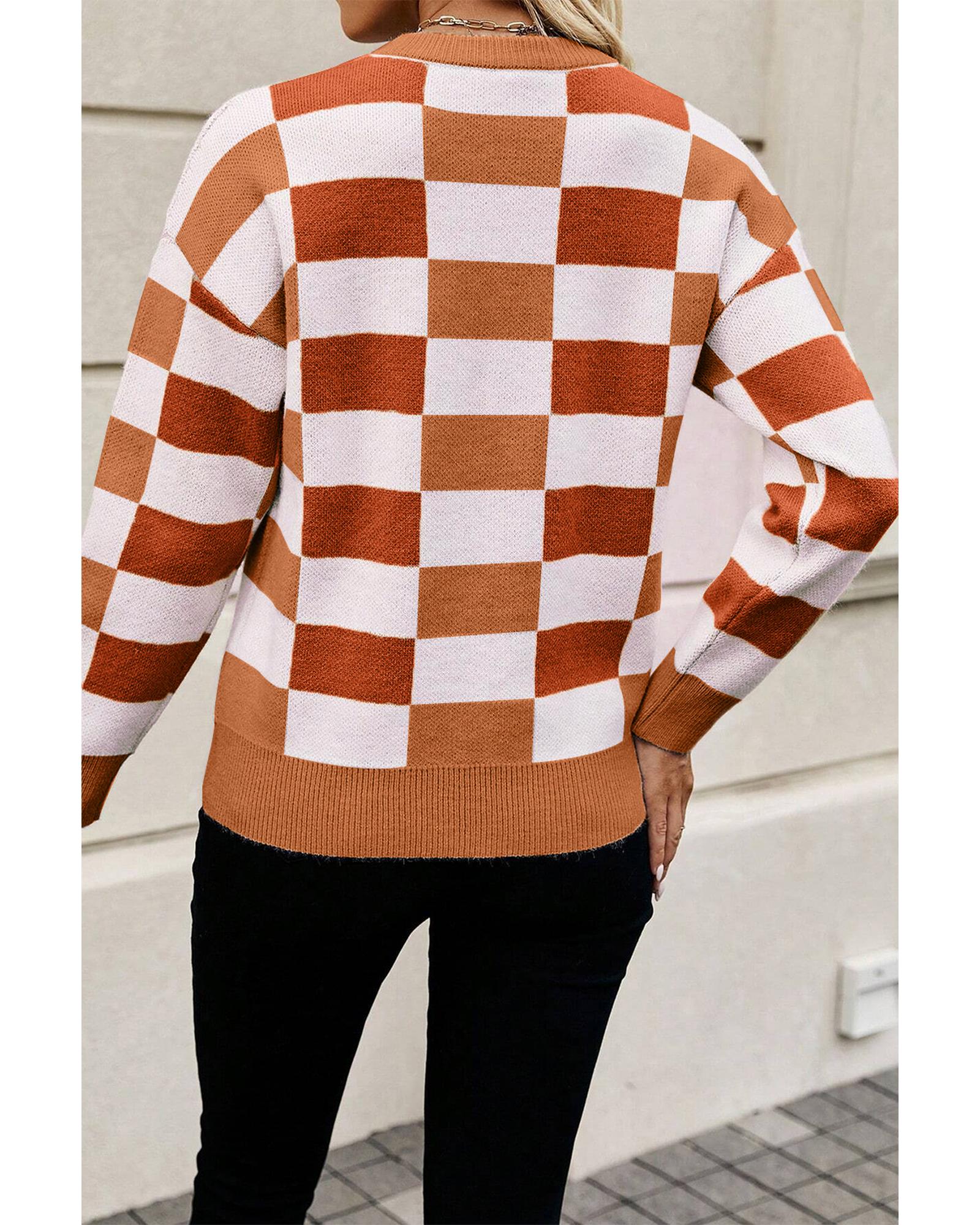 Orange Checkered Ribbed Edge O Neck Drop Shoulder Sweater - S