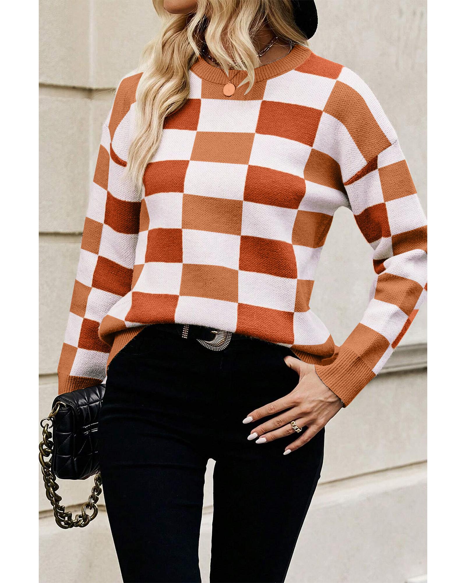 Orange Checkered Ribbed Edge O Neck Drop Shoulder Sweater - XL