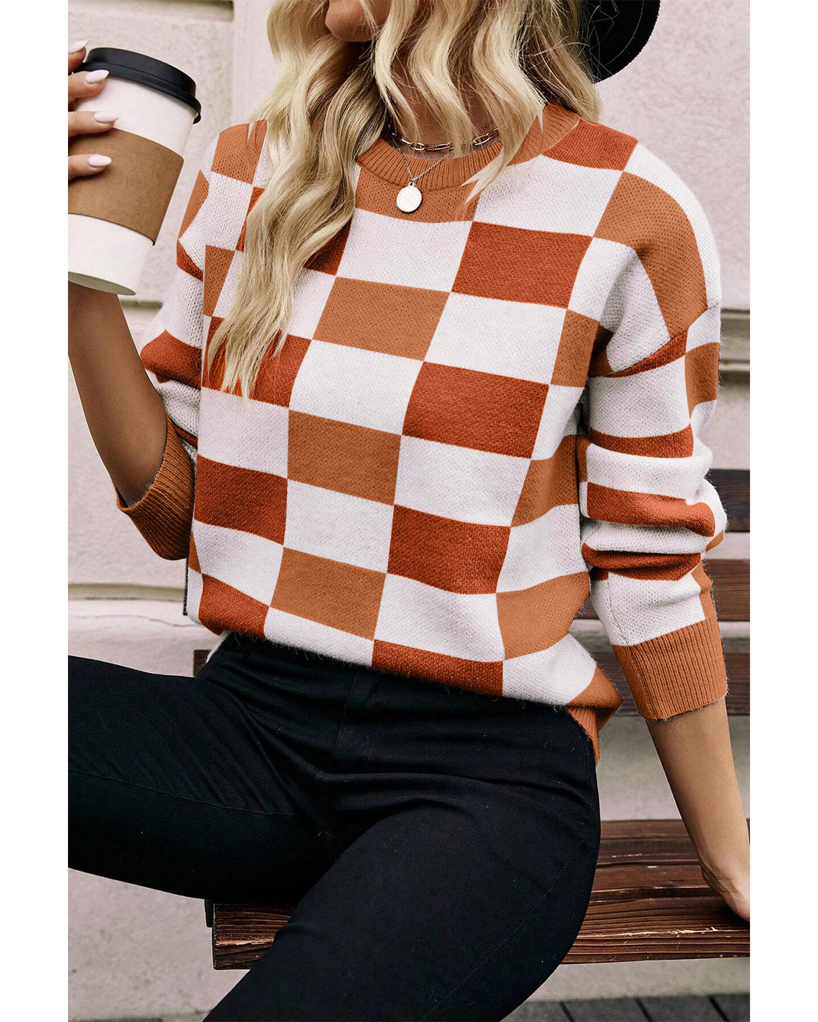 Orange Checkered Ribbed Edge O Neck Drop Shoulder Sweater - XL