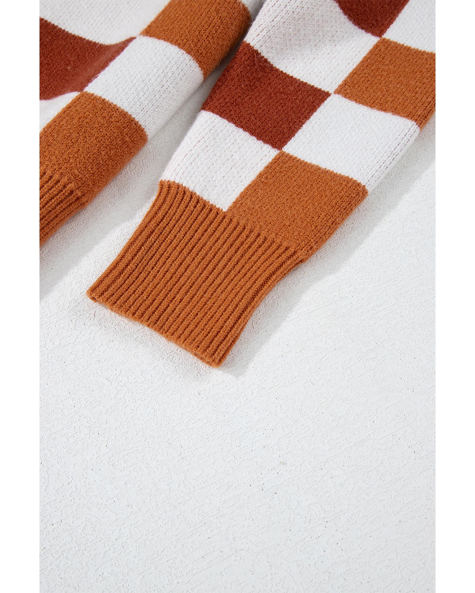 Orange Checkered Ribbed Edge O Neck Drop Shoulder Sweater - XL