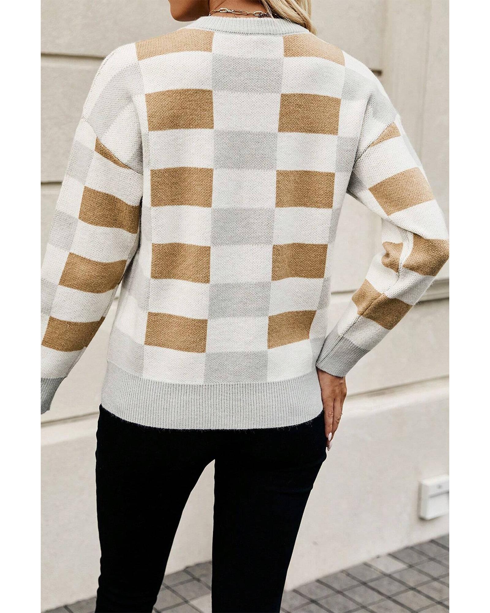 Khaki Checkered Ribbed Edge O Neck Drop Shoulder Sweater - S