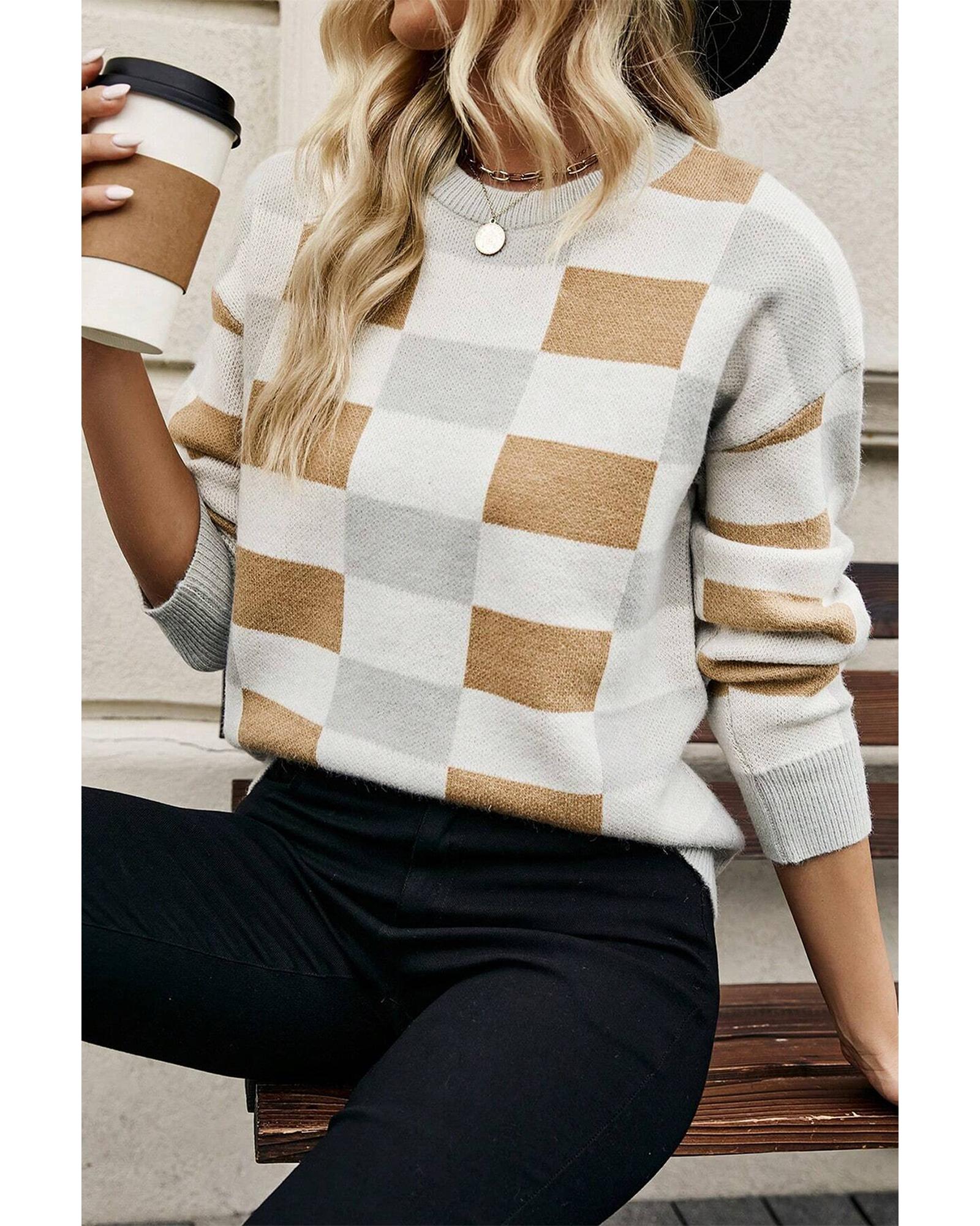 Khaki Checkered Ribbed Edge O Neck Drop Shoulder Sweater - XL