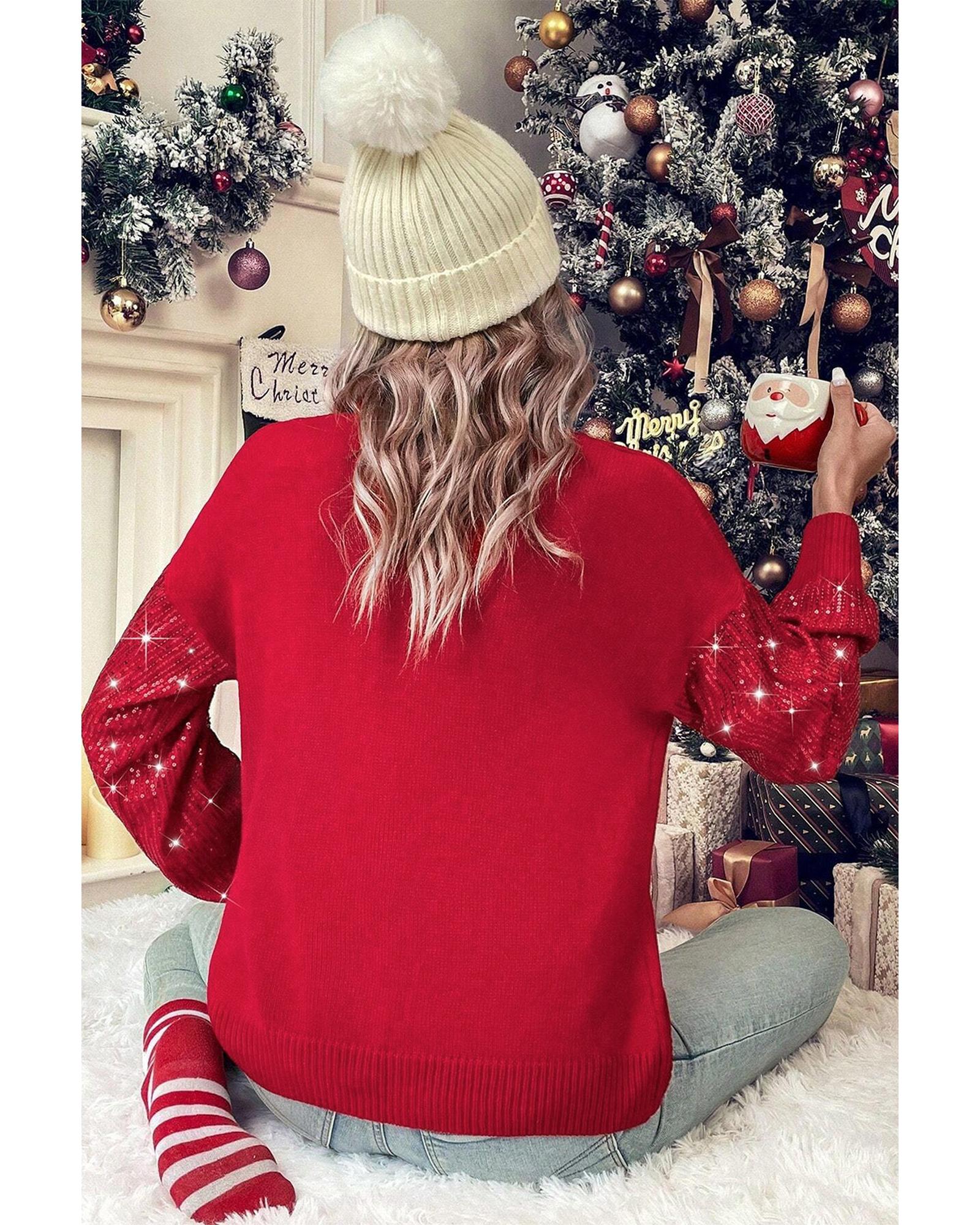 Racing Red Merry Graphic Sequin Sleeve Turtleneck Sweater - L