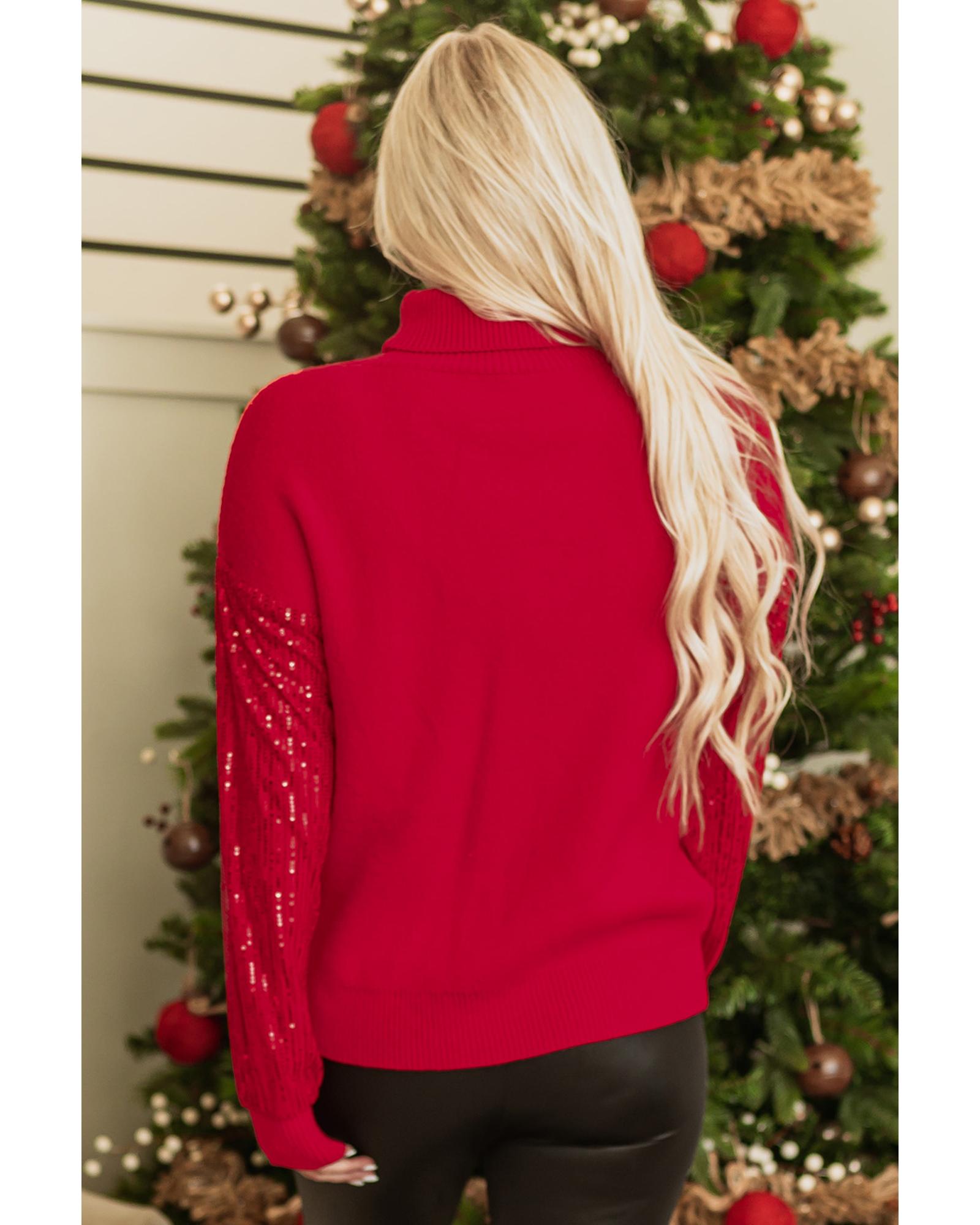 Racing Red Merry Graphic Sequin Sleeve Turtleneck Sweater - L