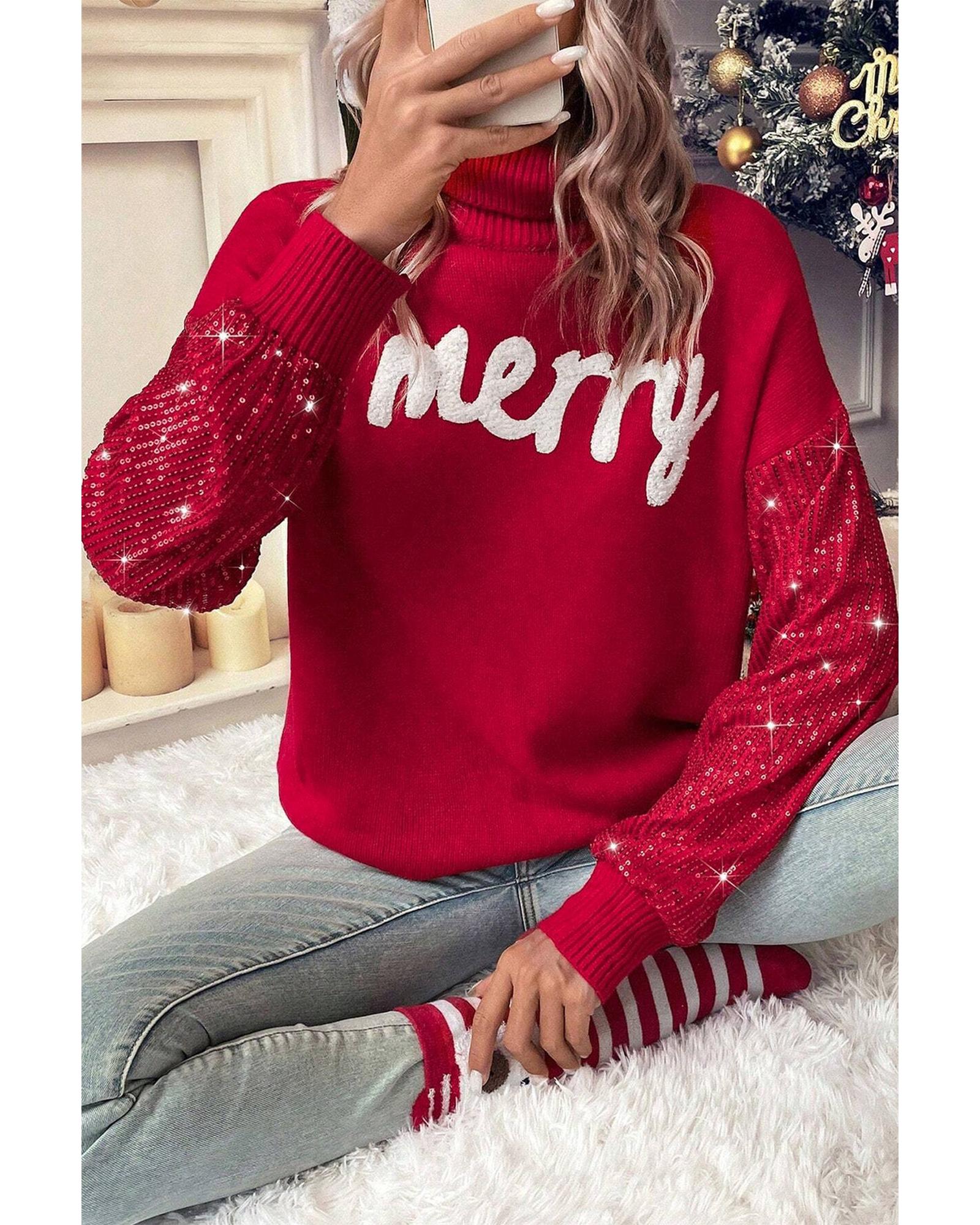 Racing Red Merry Graphic Sequin Sleeve Turtleneck Sweater - L