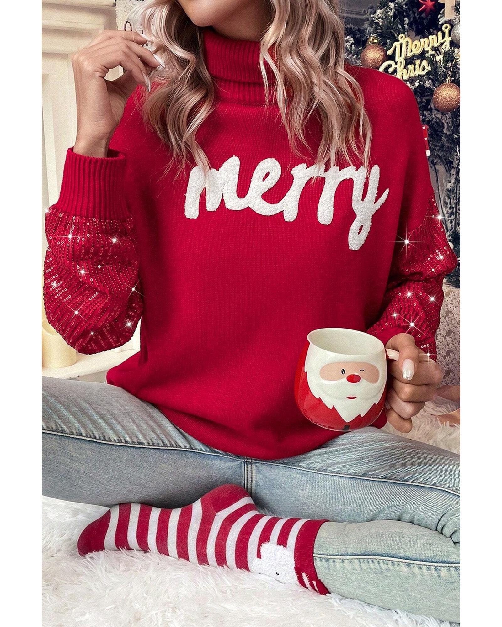 Racing Red Merry Graphic Sequin Sleeve Turtleneck Sweater - M