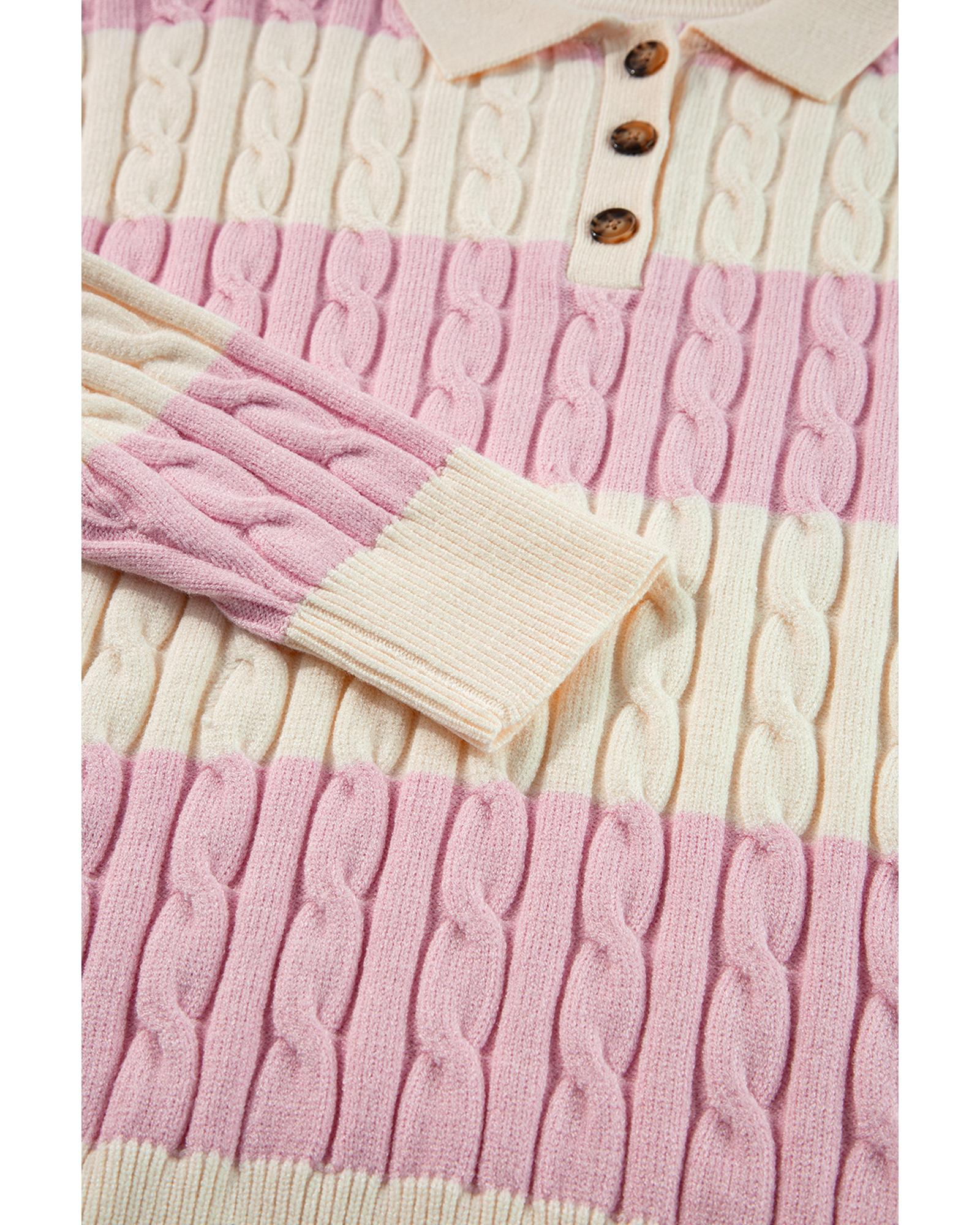 Pink Stripe Cable Knit Collared Henley Sweater - L