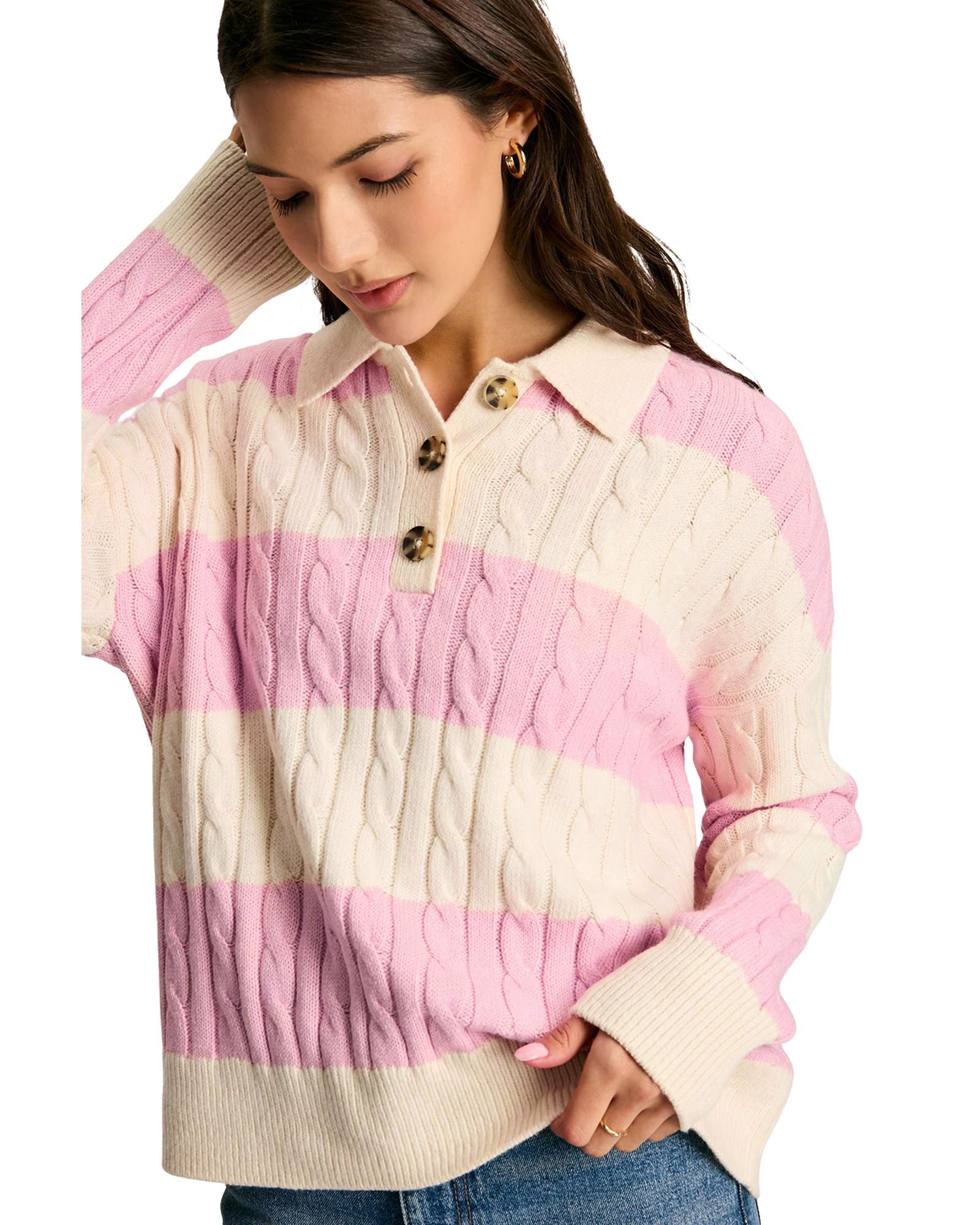 Pink Stripe Cable Knit Collared Henley Sweater - L