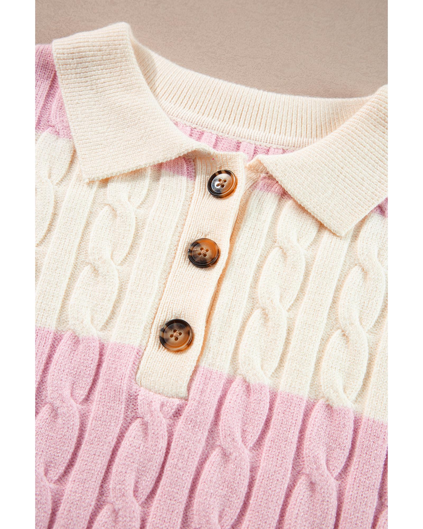 Pink Stripe Cable Knit Collared Henley Sweater - L