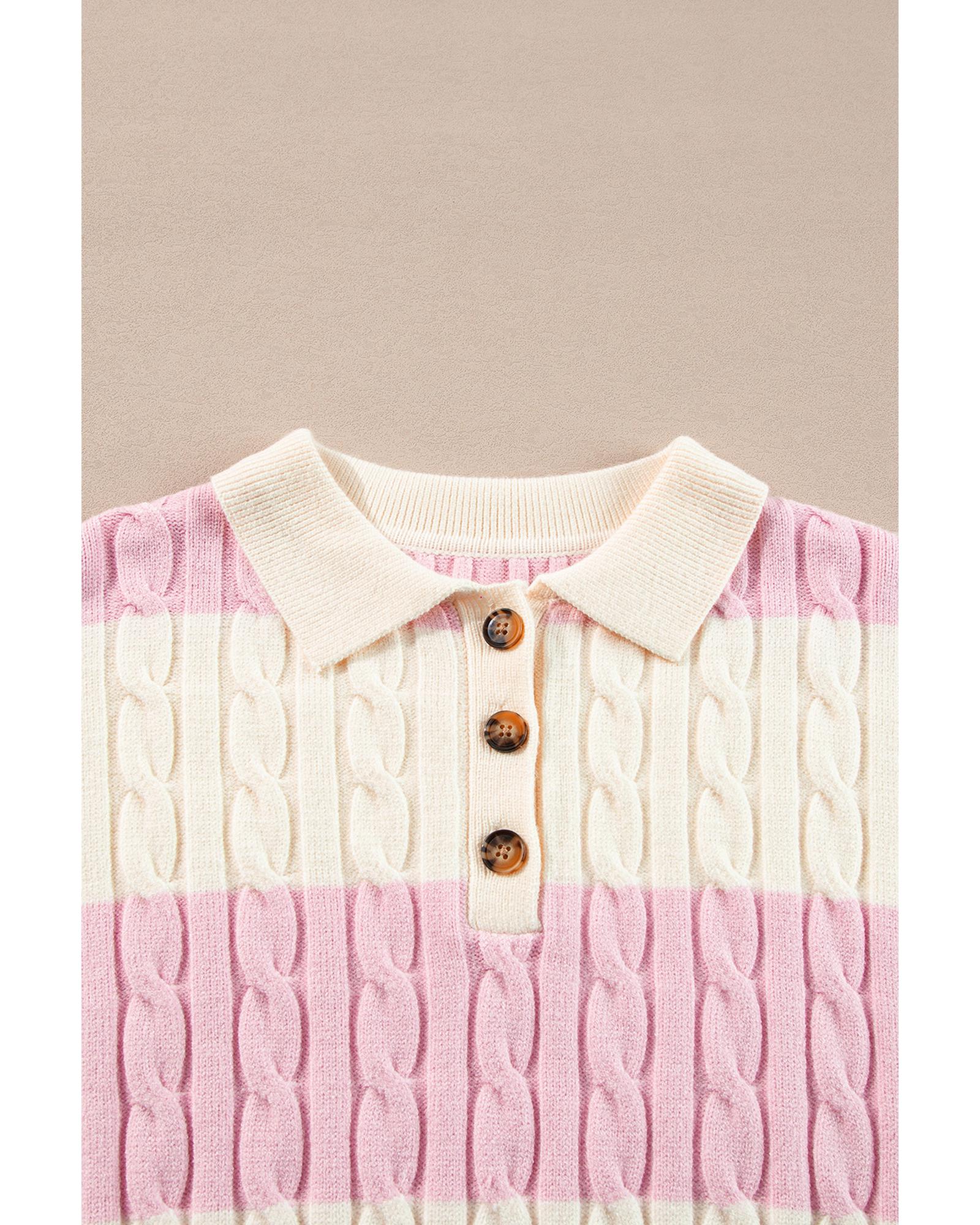 Pink Stripe Cable Knit Collared Henley Sweater - L