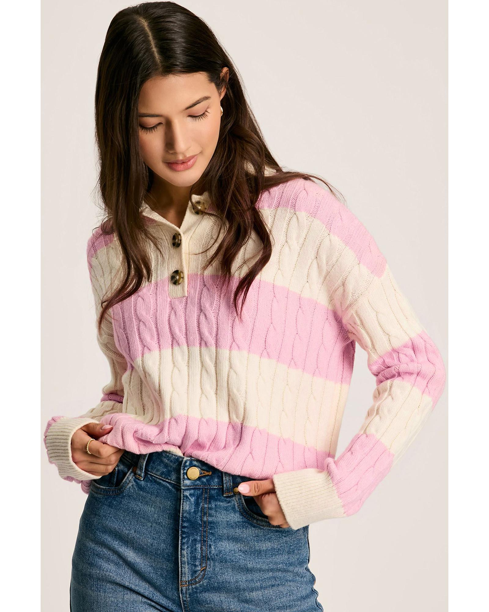 Pink Stripe Cable Knit Collared Henley Sweater - L