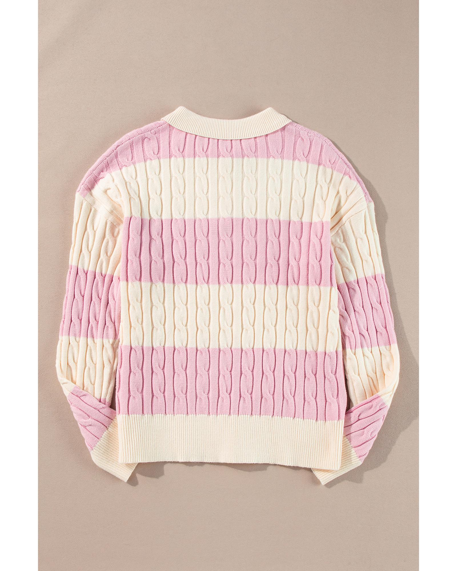 Pink Stripe Cable Knit Collared Henley Sweater - L
