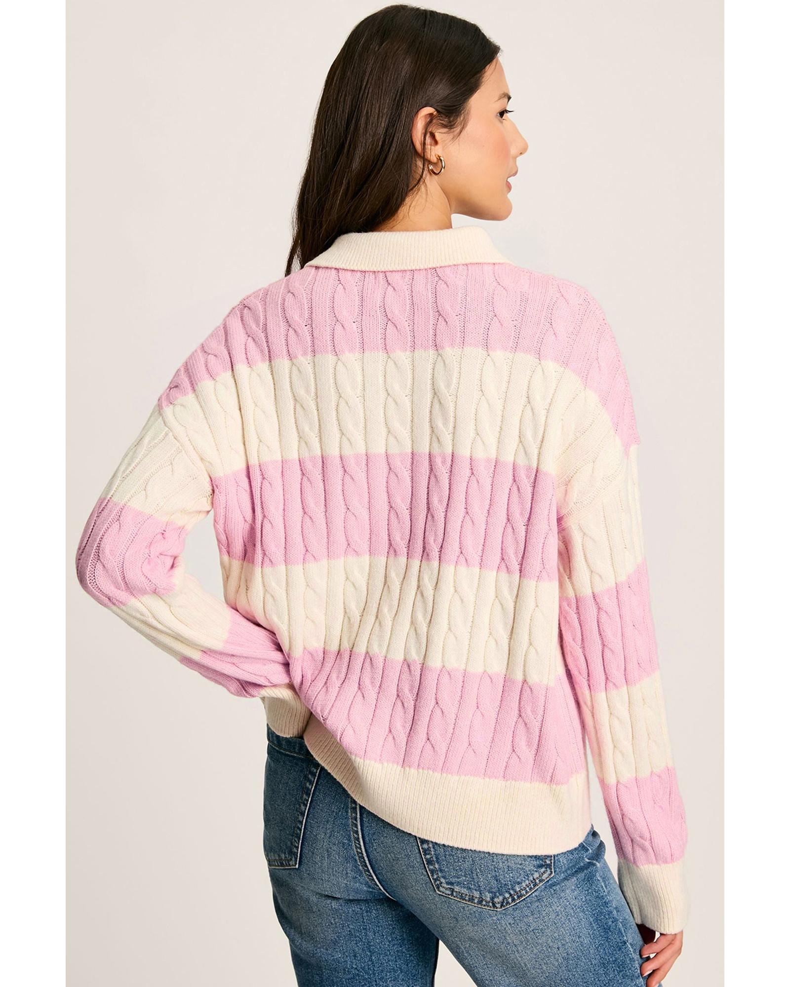 Pink Stripe Cable Knit Collared Henley Sweater - XL