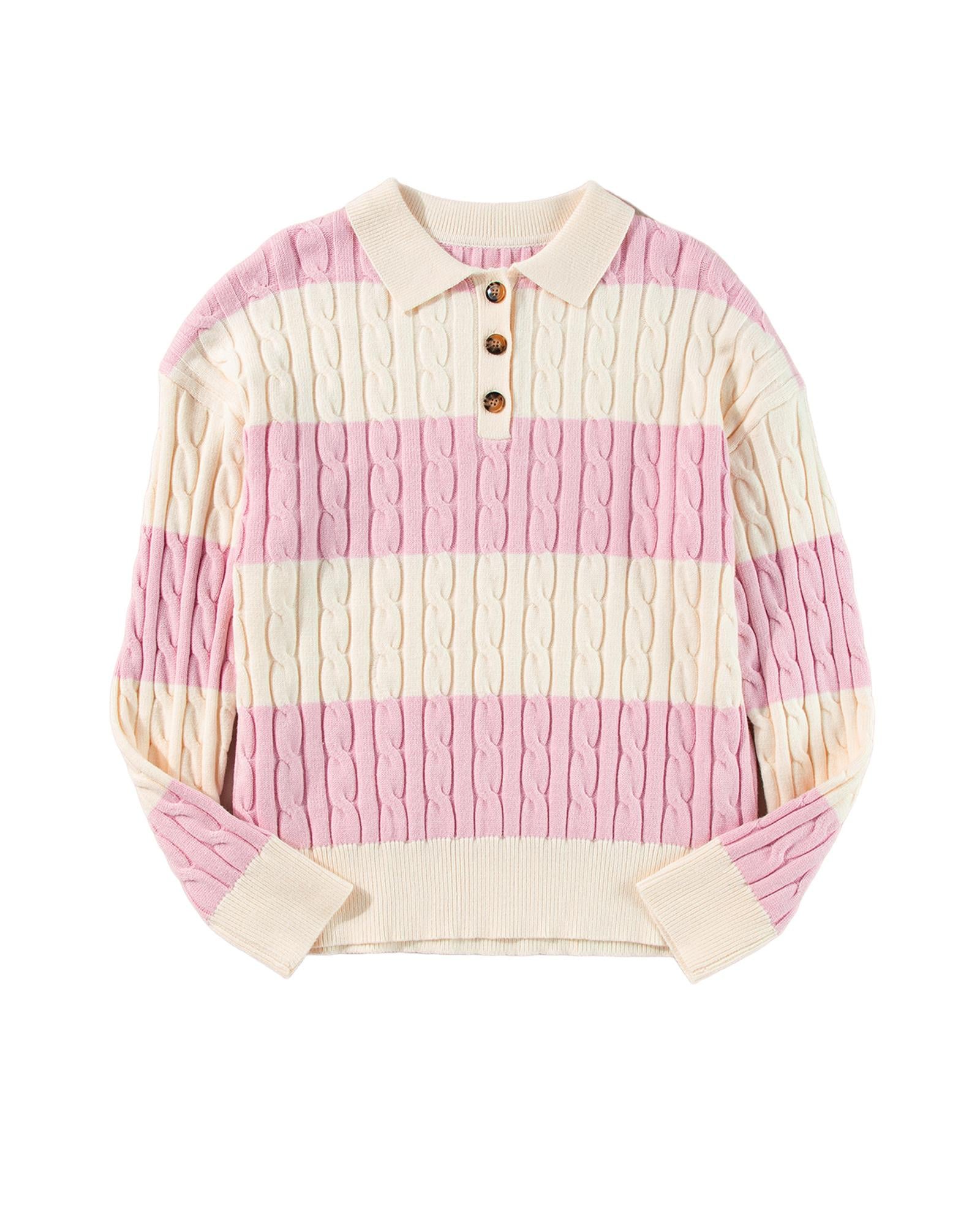 Pink Stripe Cable Knit Collared Henley Sweater - XL