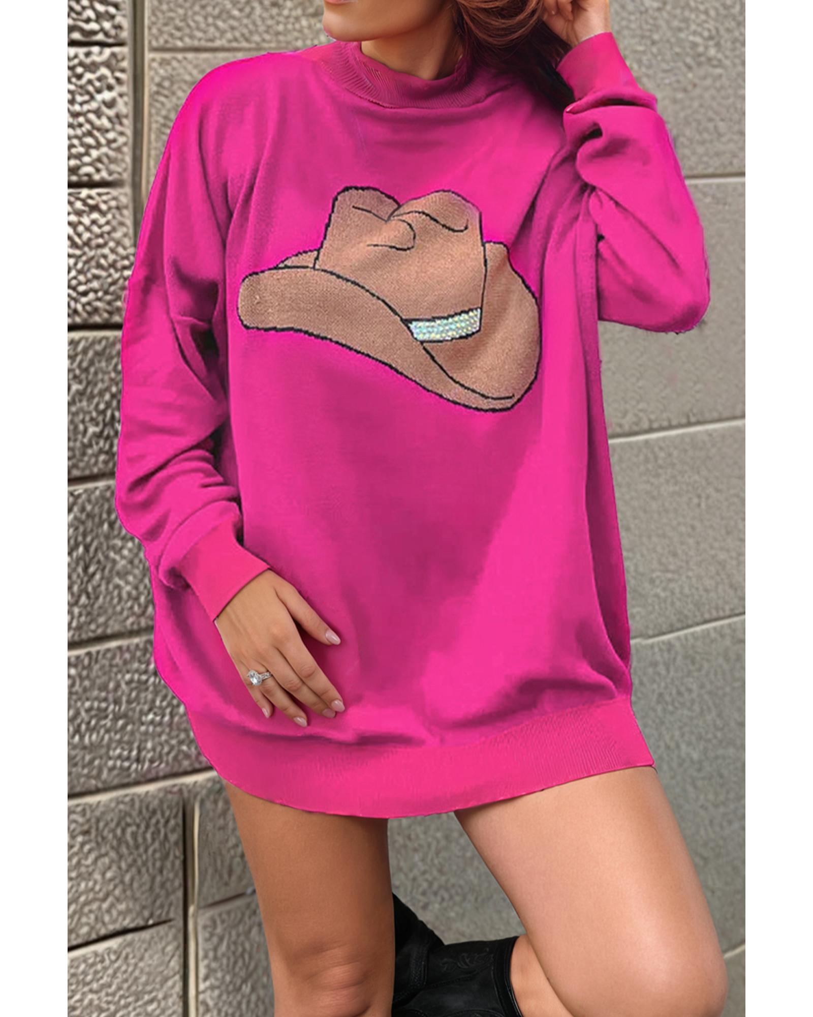 Rose Red YEEHAW Cowboy Hat Drop Shoulder Oversized Sweater - L