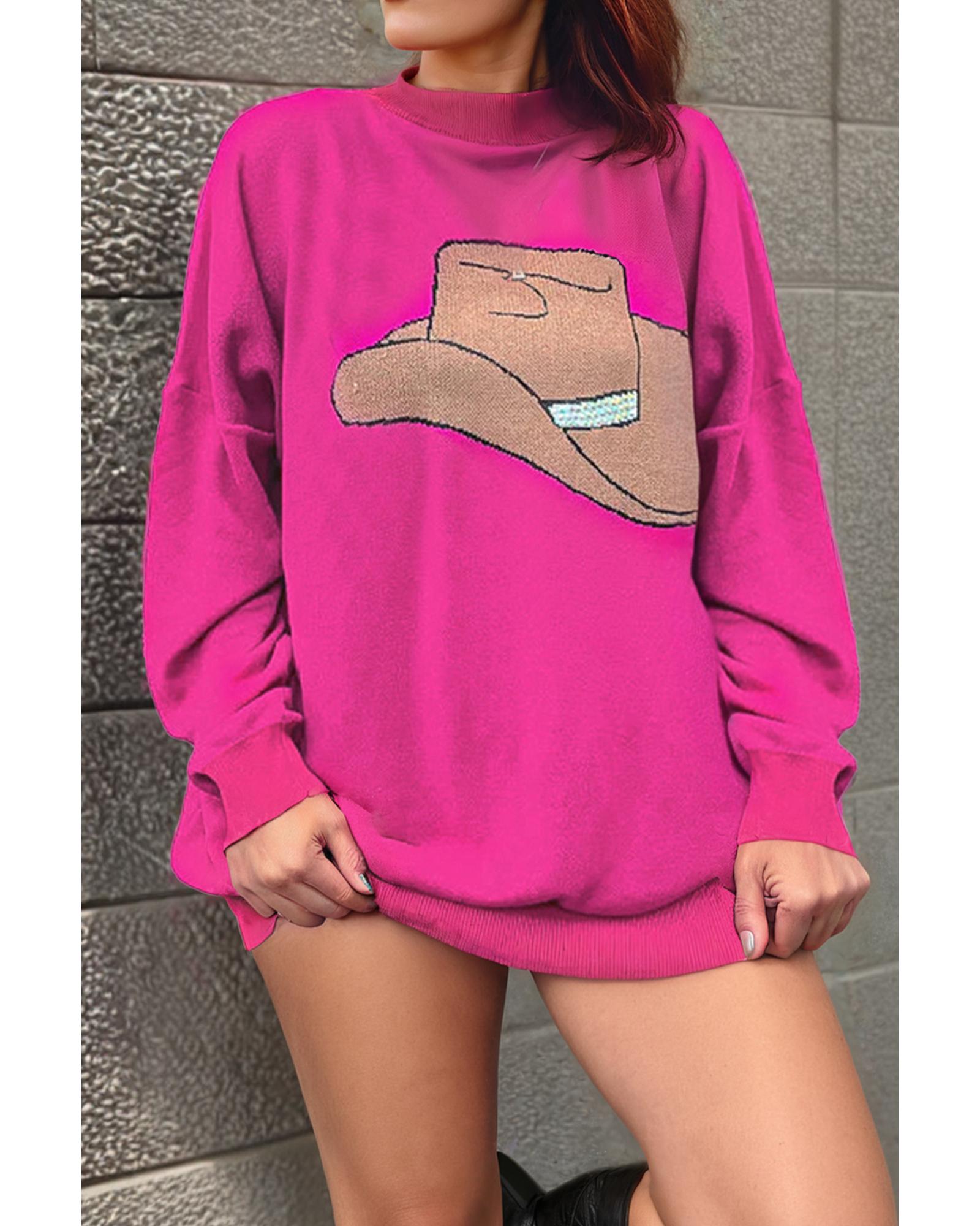 Rose Red YEEHAW Cowboy Hat Drop Shoulder Oversized Sweater - M