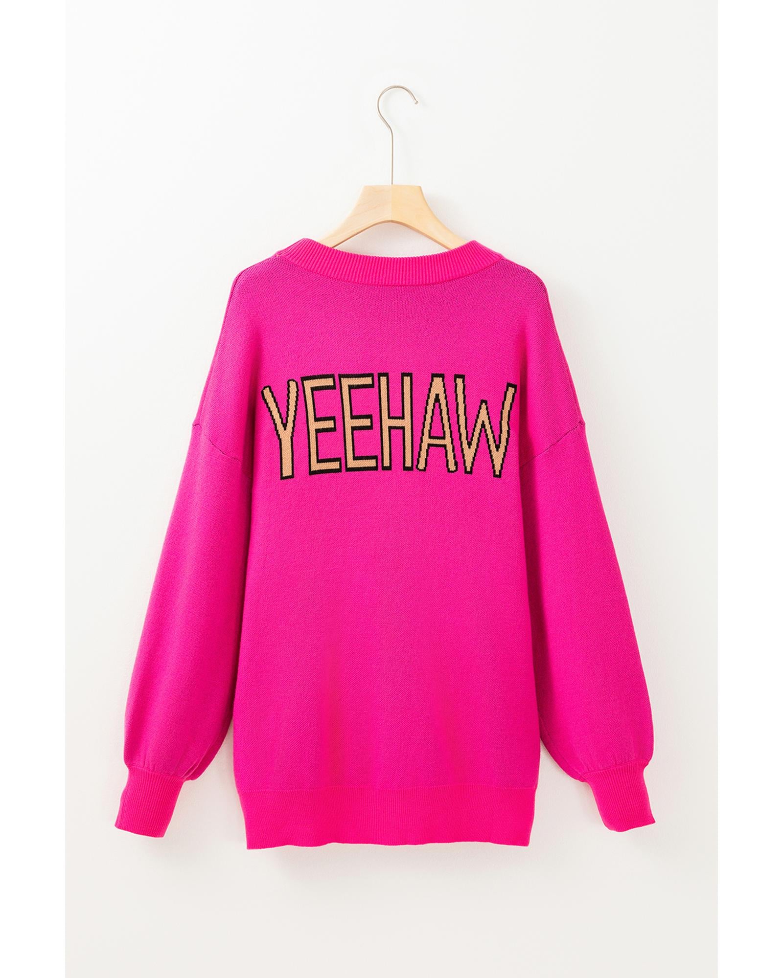 Rose Red YEEHAW Cowboy Hat Drop Shoulder Oversized Sweater - M