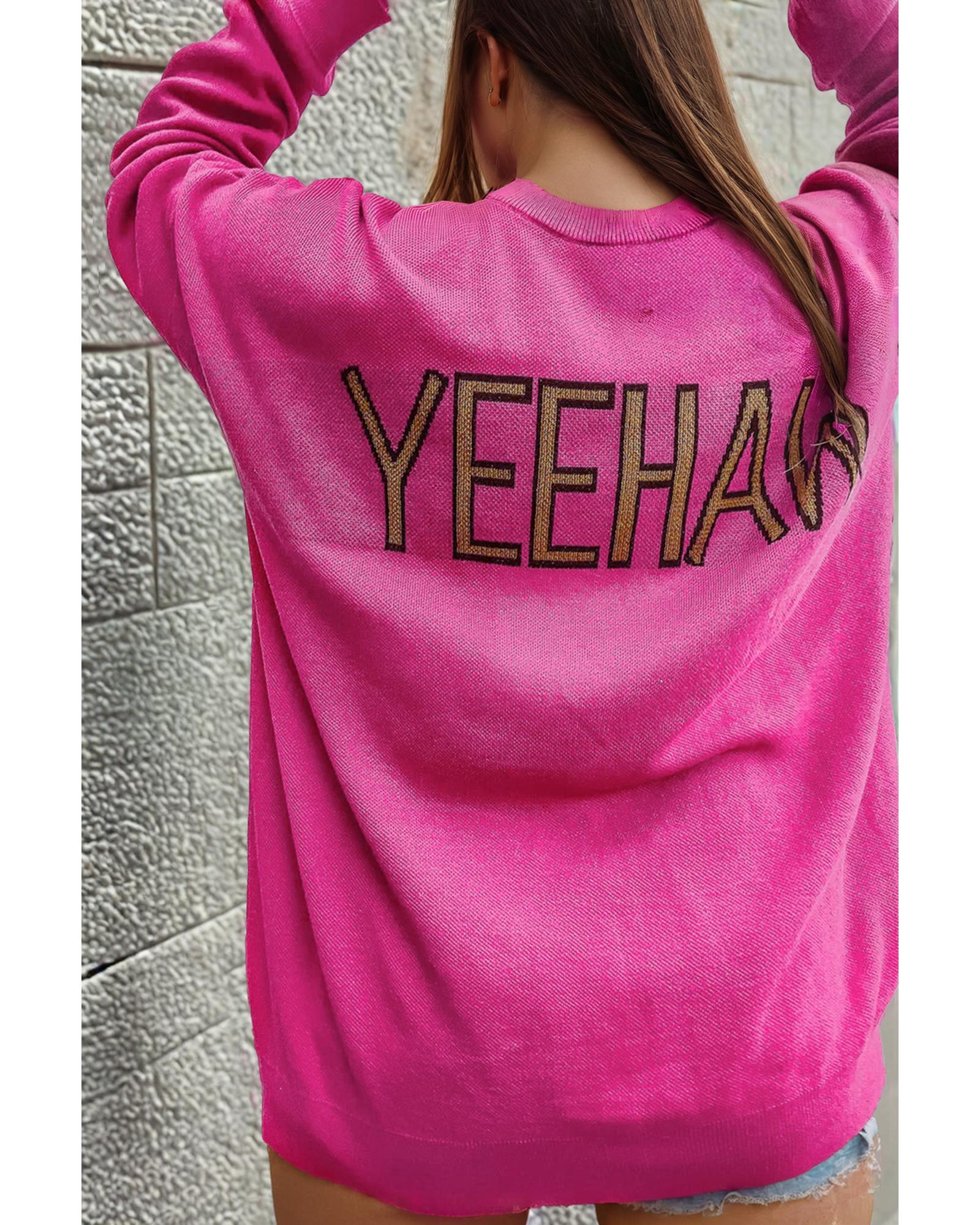 Rose Red YEEHAW Cowboy Hat Drop Shoulder Oversized Sweater - M