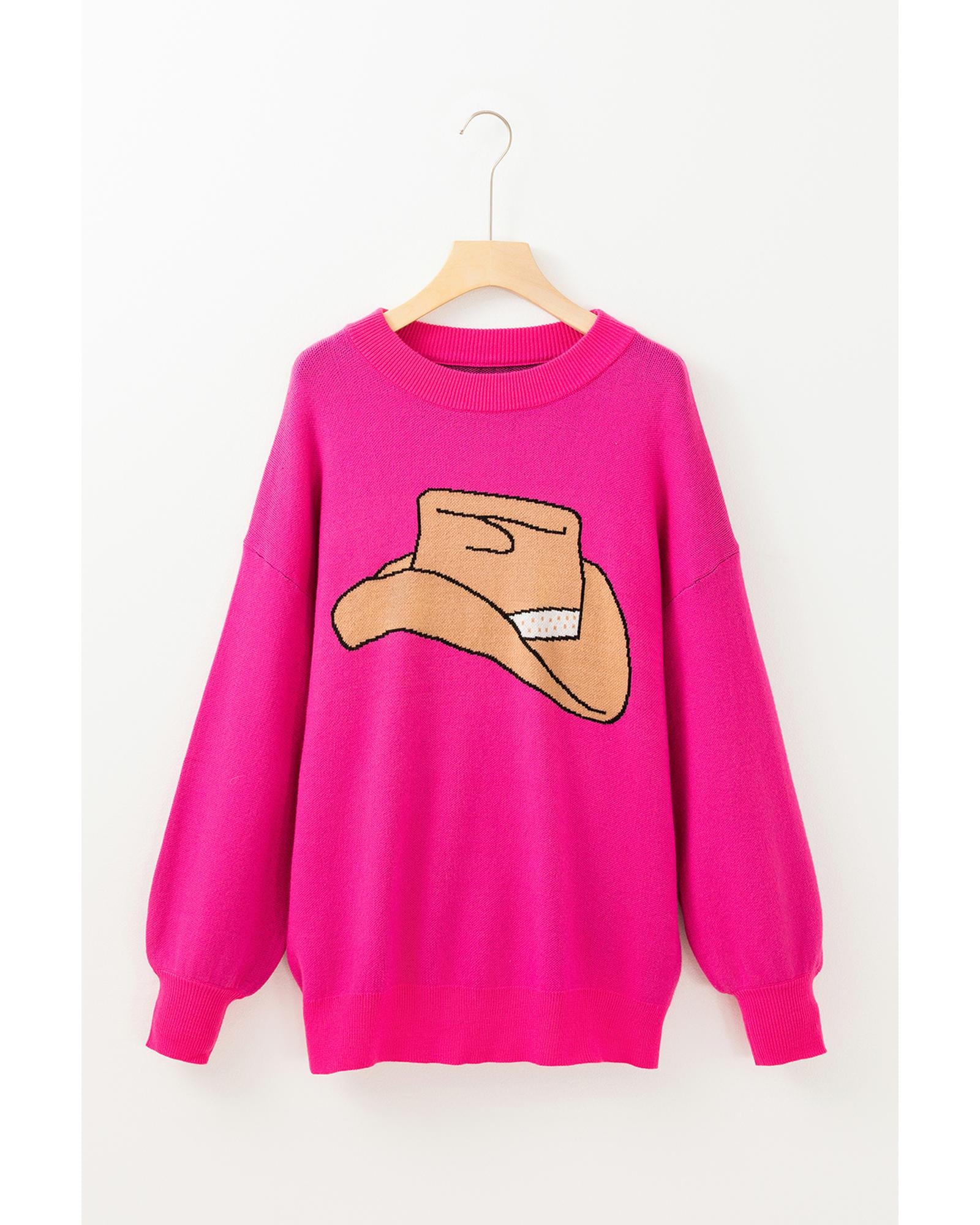 Rose Red YEEHAW Cowboy Hat Drop Shoulder Oversized Sweater - M