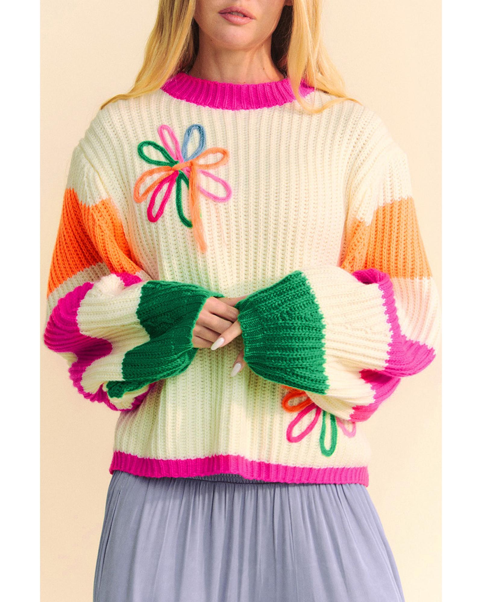 Beige Colorblock Flower Print Cable Knit Loose Sweater - XL