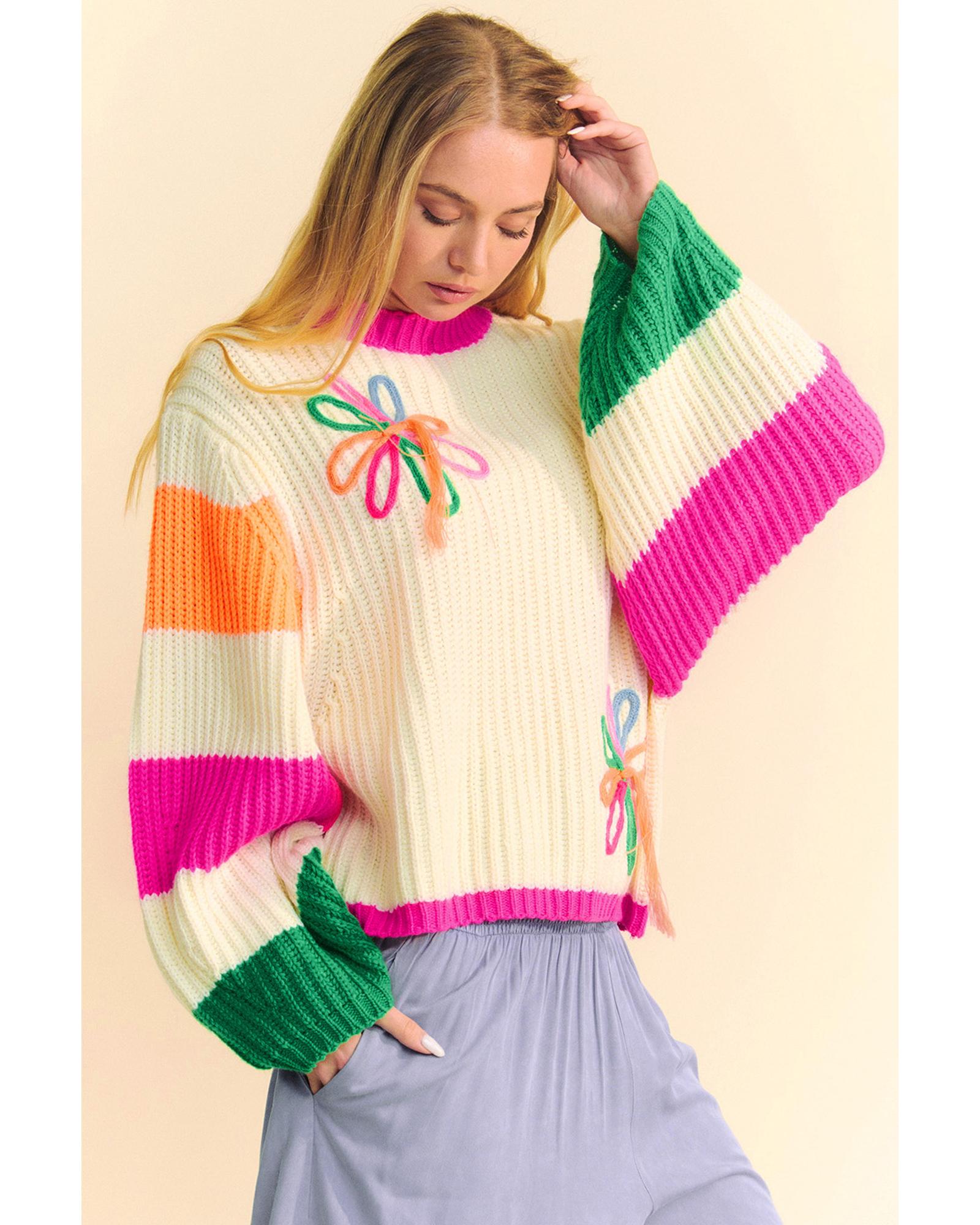 Beige Colorblock Flower Print Cable Knit Loose Sweater - XL
