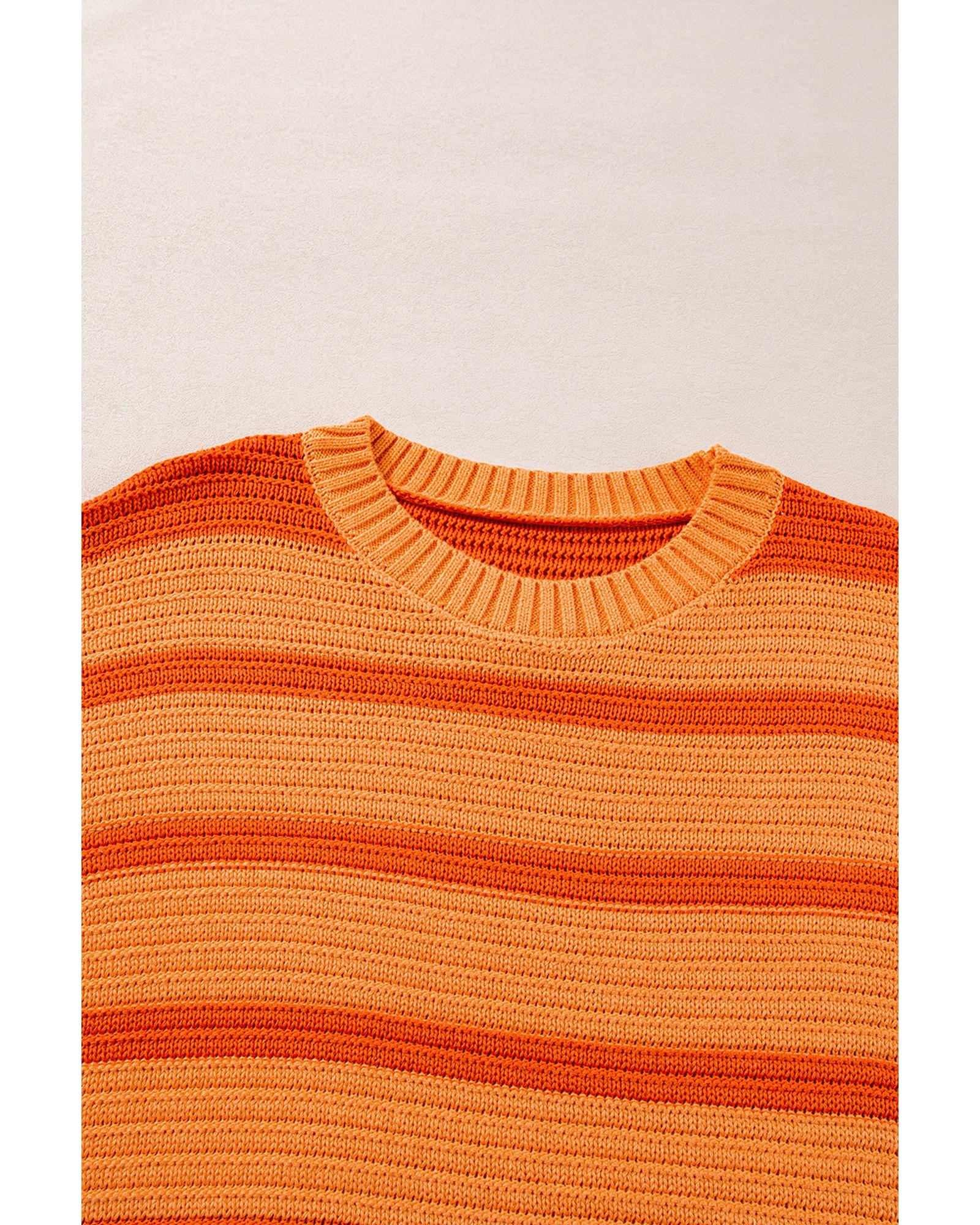 Orange Stripe Colorblock Crew Neck Drop Shoulder Loose Sweater - XL