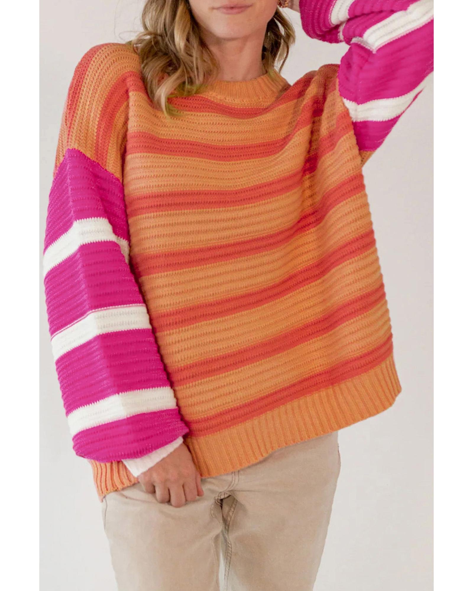 Orange Stripe Colorblock Crew Neck Drop Shoulder Loose Sweater - XL