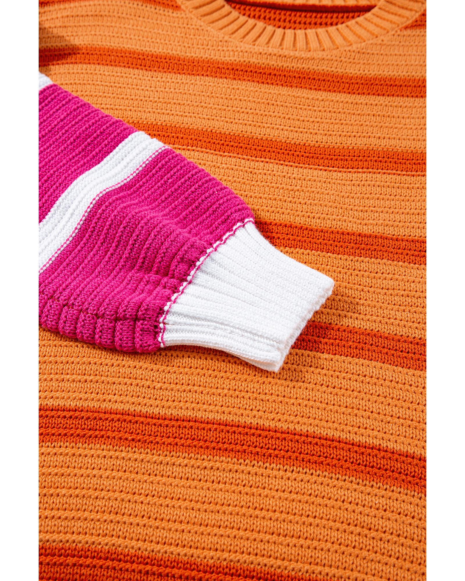 Orange Stripe Colorblock Crew Neck Drop Shoulder Loose Sweater - XL