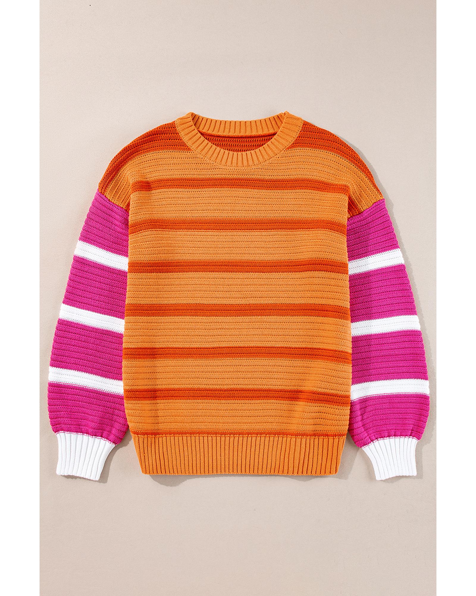 Orange Stripe Colorblock Crew Neck Drop Shoulder Loose Sweater - XL