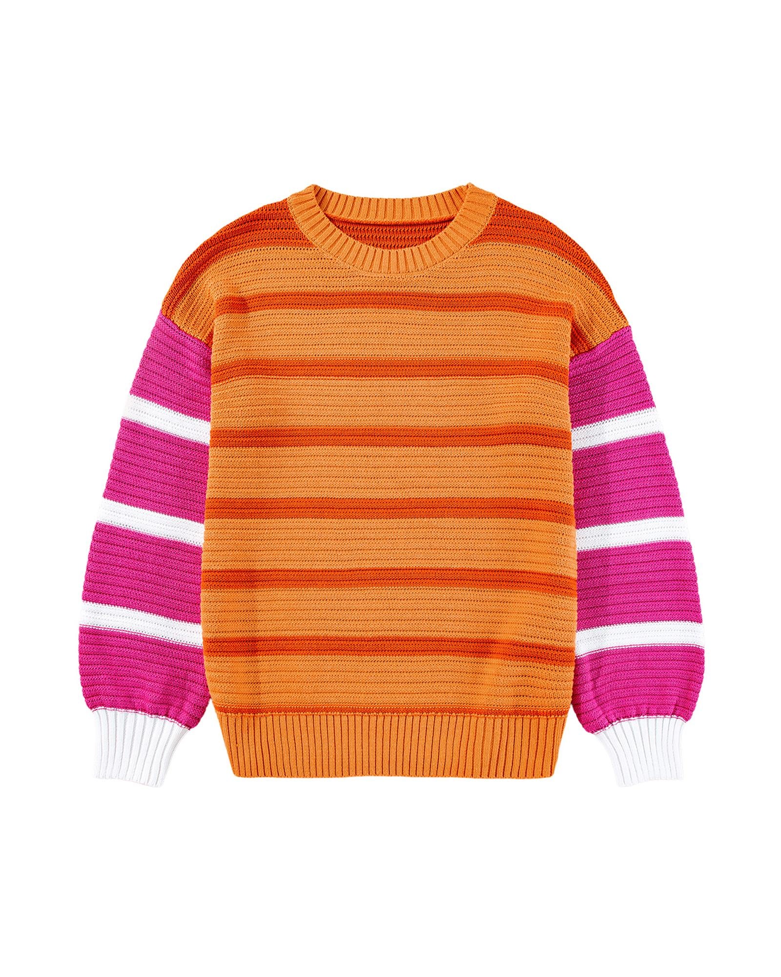 Orange Stripe Colorblock Crew Neck Drop Shoulder Loose Sweater - XL