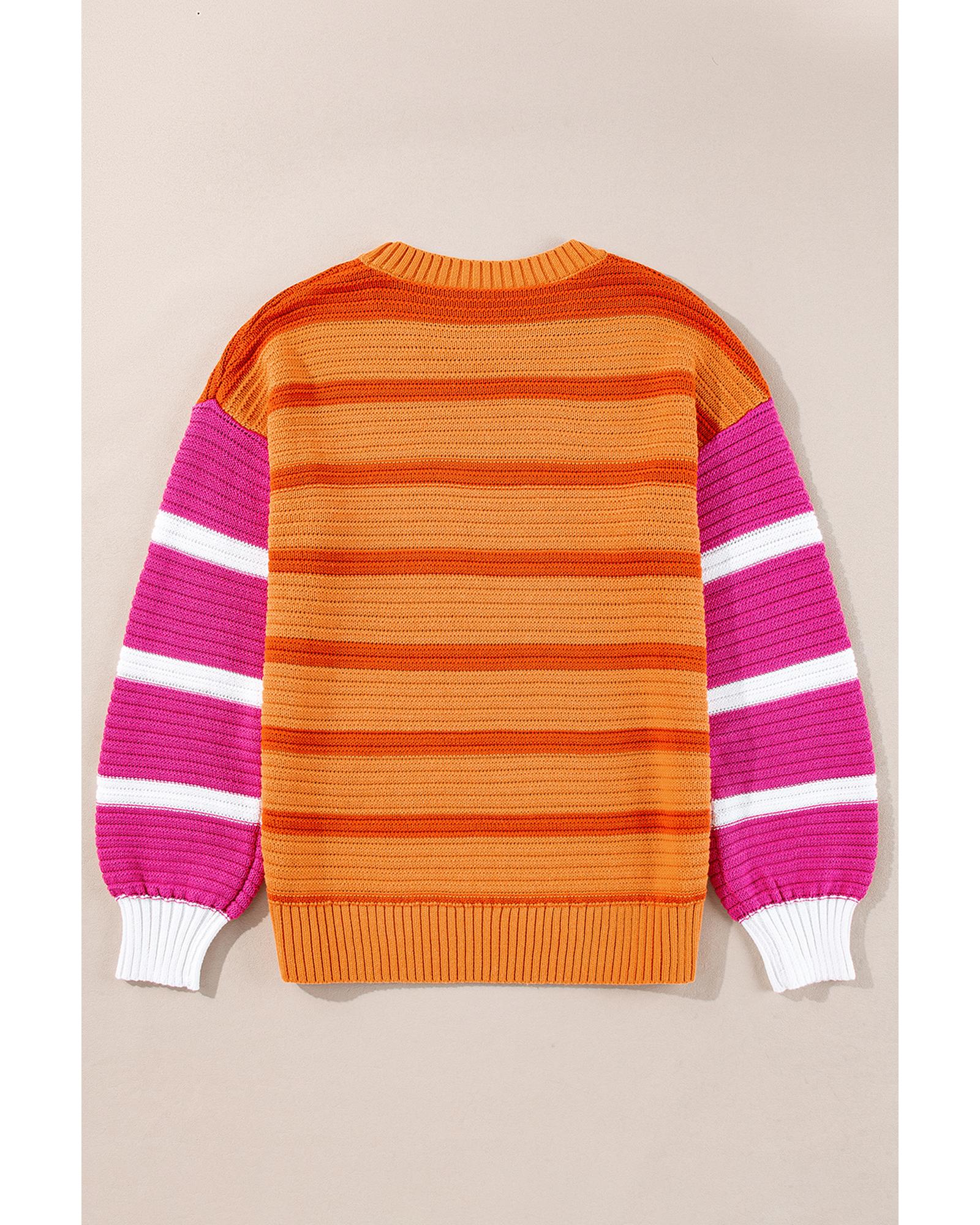 Orange Stripe Colorblock Crew Neck Drop Shoulder Loose Sweater - XL
