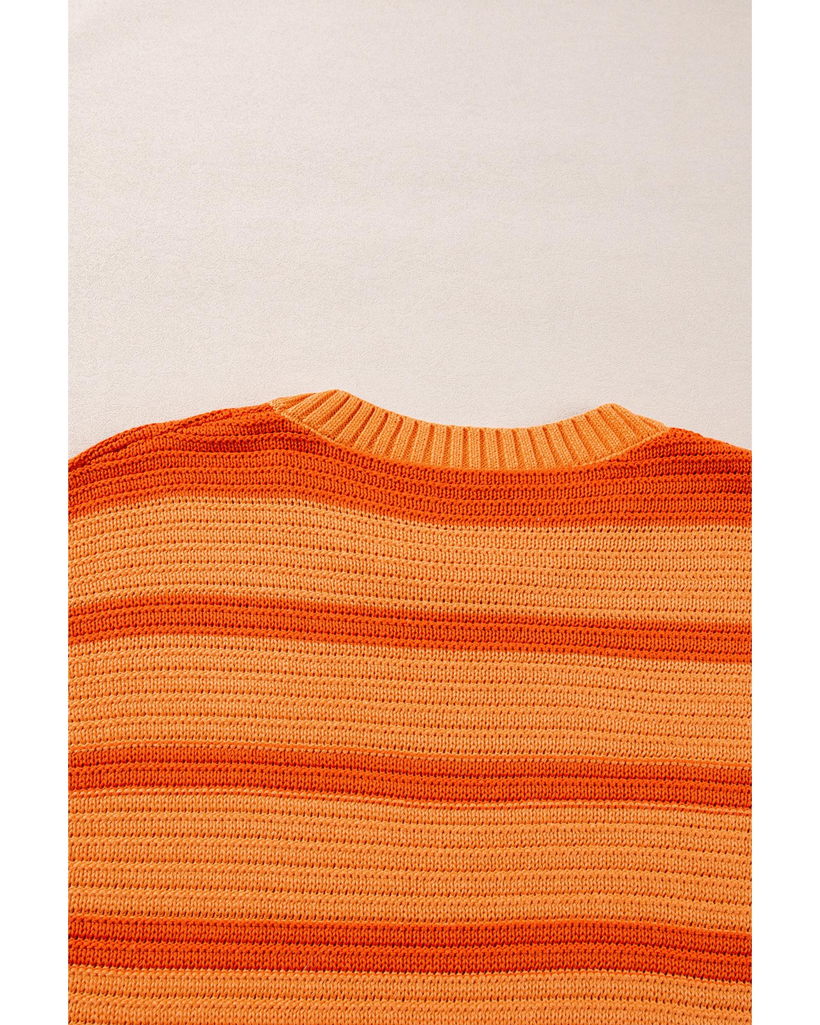 Orange Stripe Colorblock Crew Neck Drop Shoulder Loose Sweater - XL