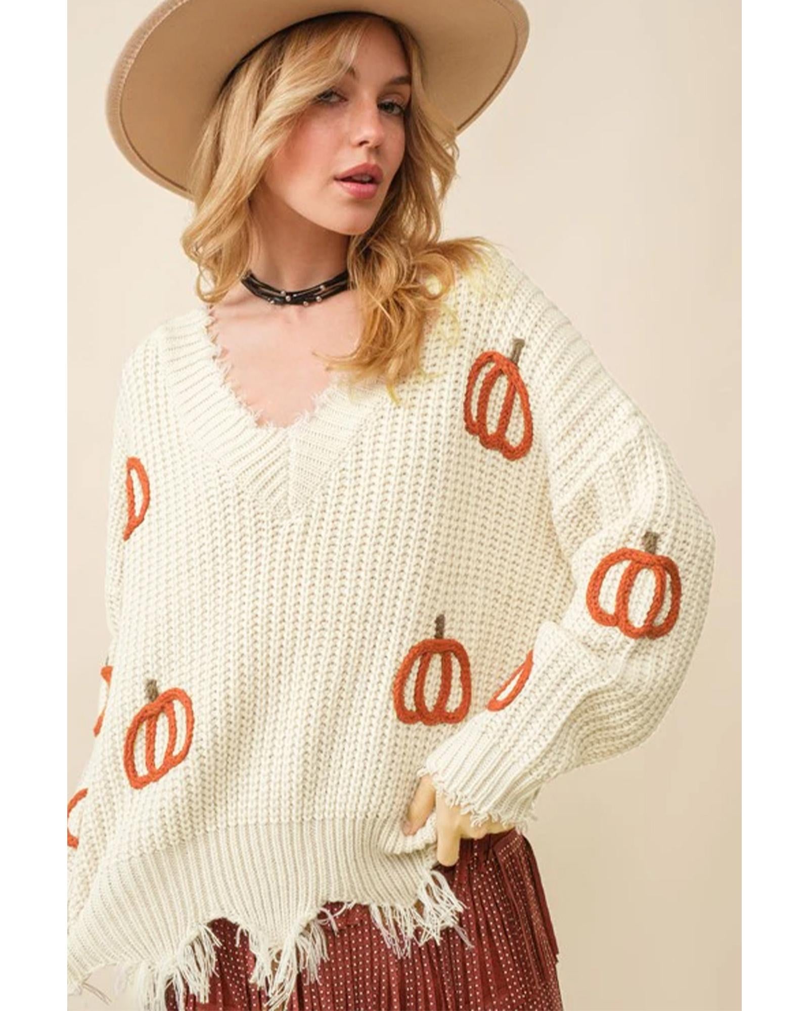 Beige Cable Knit Pumpkin Raw Hem V Neck Loose Sweater - XL