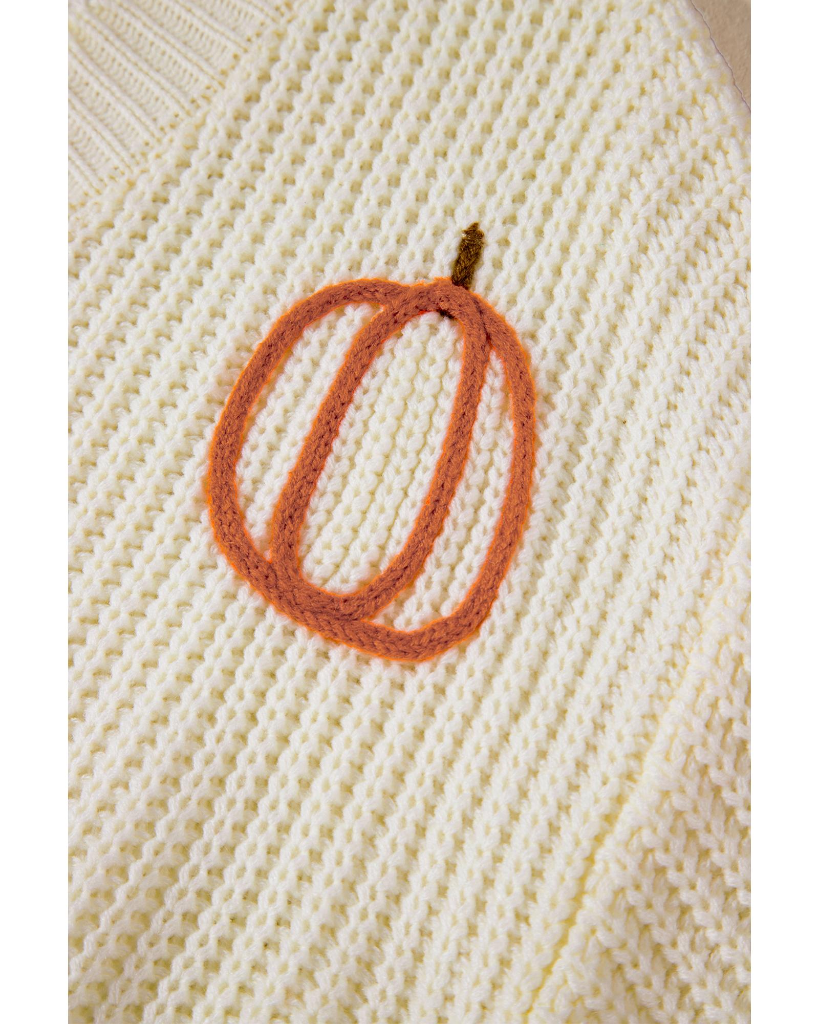 Beige Cable Knit Pumpkin Raw Hem V Neck Loose Sweater - XL