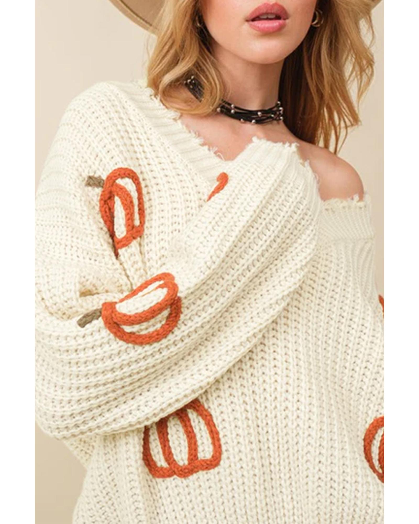 Beige Cable Knit Pumpkin Raw Hem V Neck Loose Sweater - XL