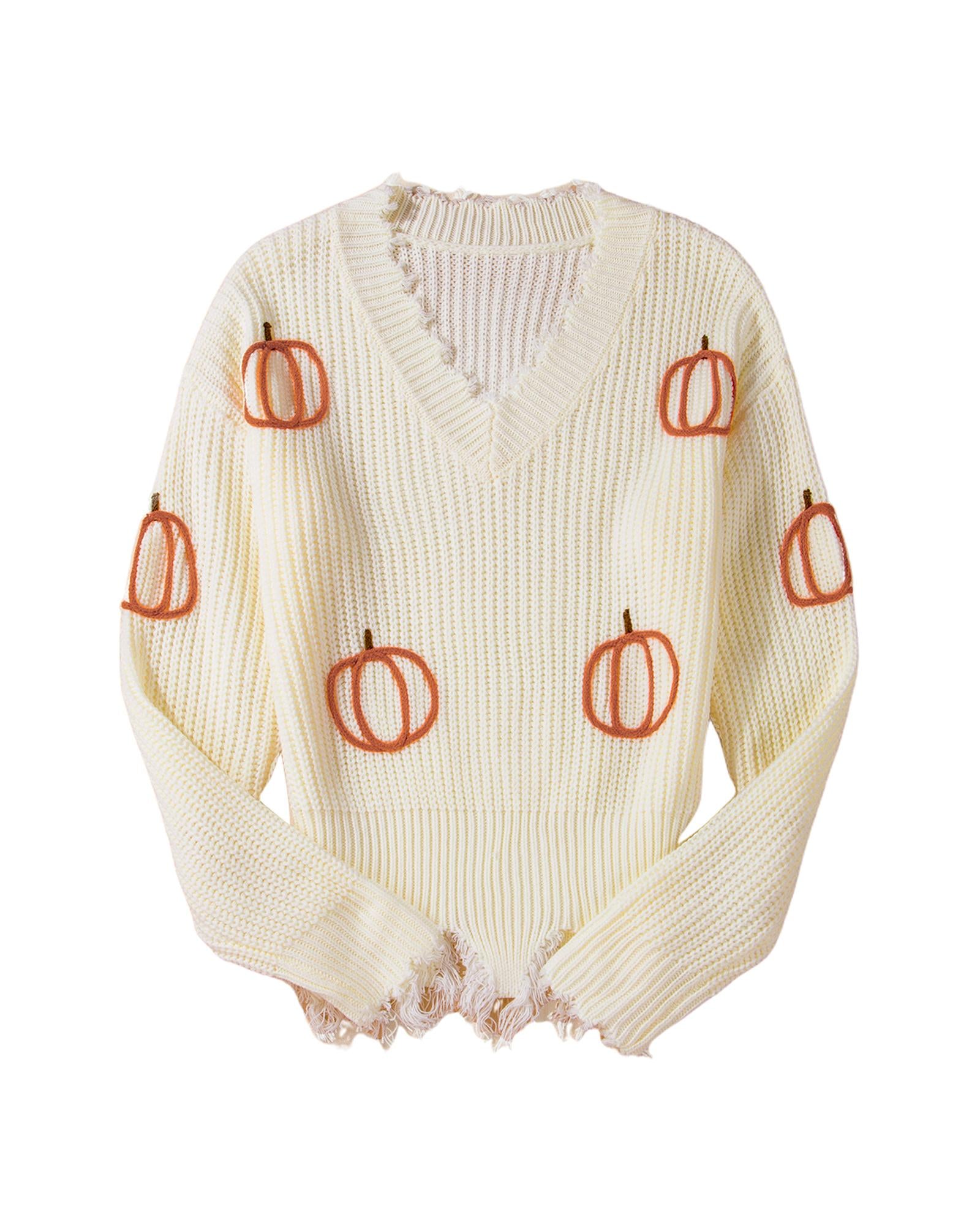 Beige Cable Knit Pumpkin Raw Hem V Neck Loose Sweater - XL