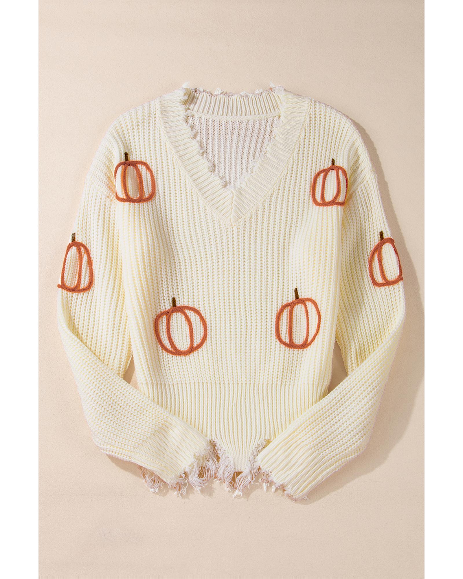 Beige Cable Knit Pumpkin Raw Hem V Neck Loose Sweater - XL