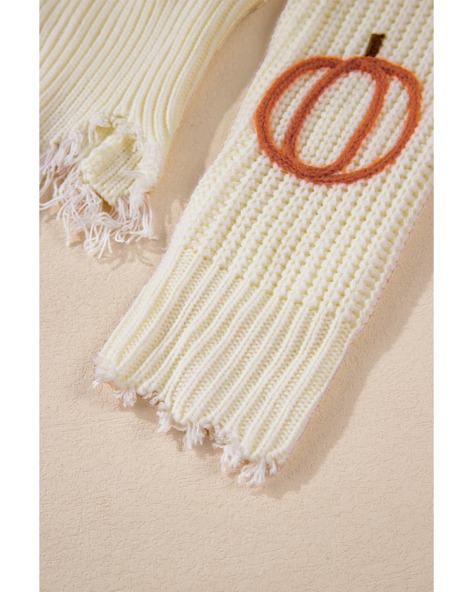 Beige Cable Knit Pumpkin Raw Hem V Neck Loose Sweater - XL